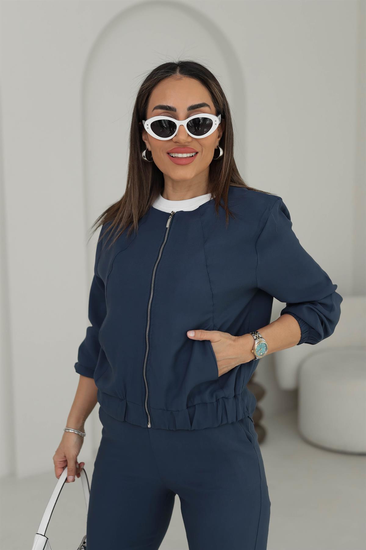 3193 Fermuar Ve Önü Lastik Detaylı Tencel Kumaş Takım Indigo