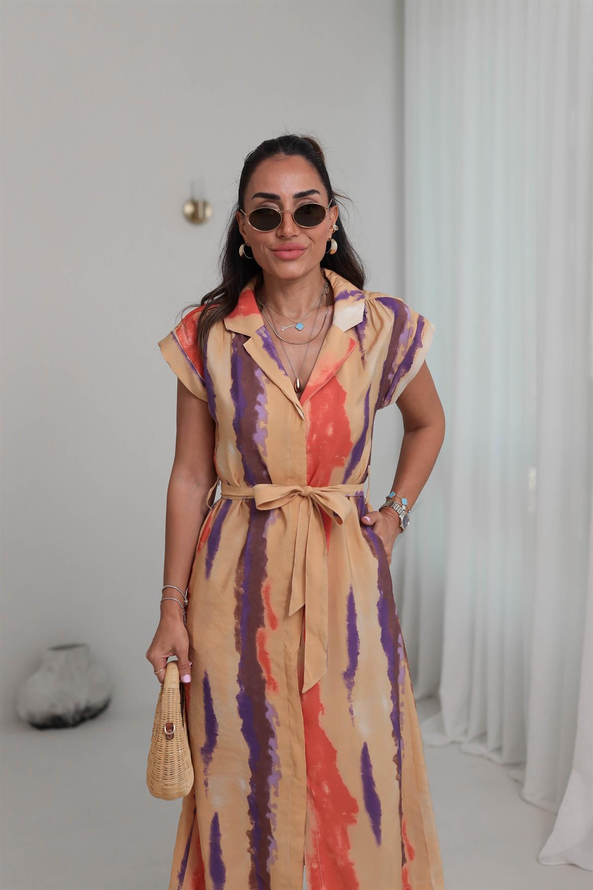 6284 Desenli Viskon Gömlek Elbise RENKLİ