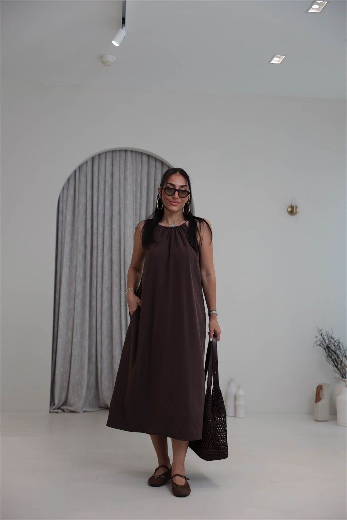 1106C İpli Halter Yaka Cepli Tencel Elbise KAHVE