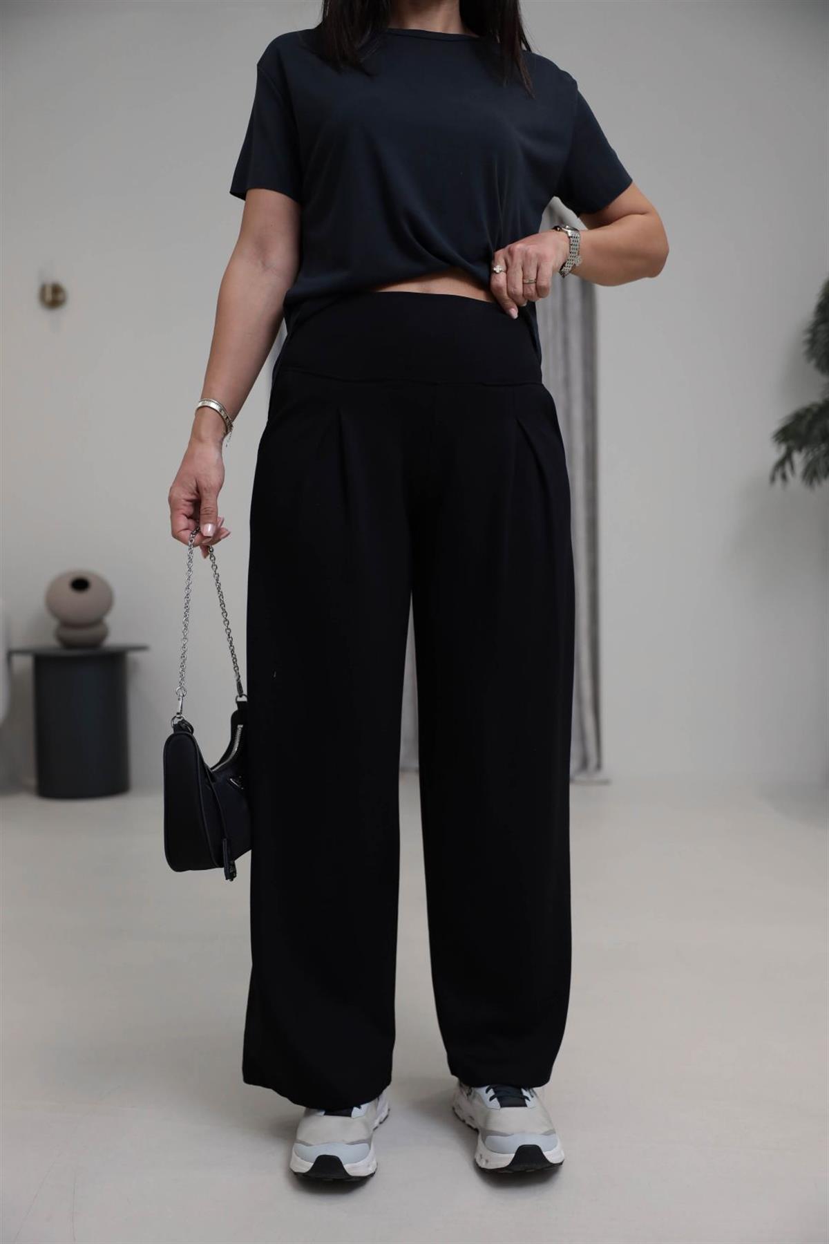 1202 Lulu Geniş Kemerli Piliseli Modal Pantolon SİYAH