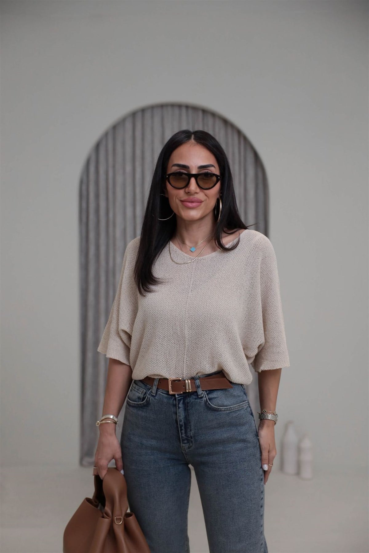 0174 Ajurlu Yarasa Kol Bluz BEJ