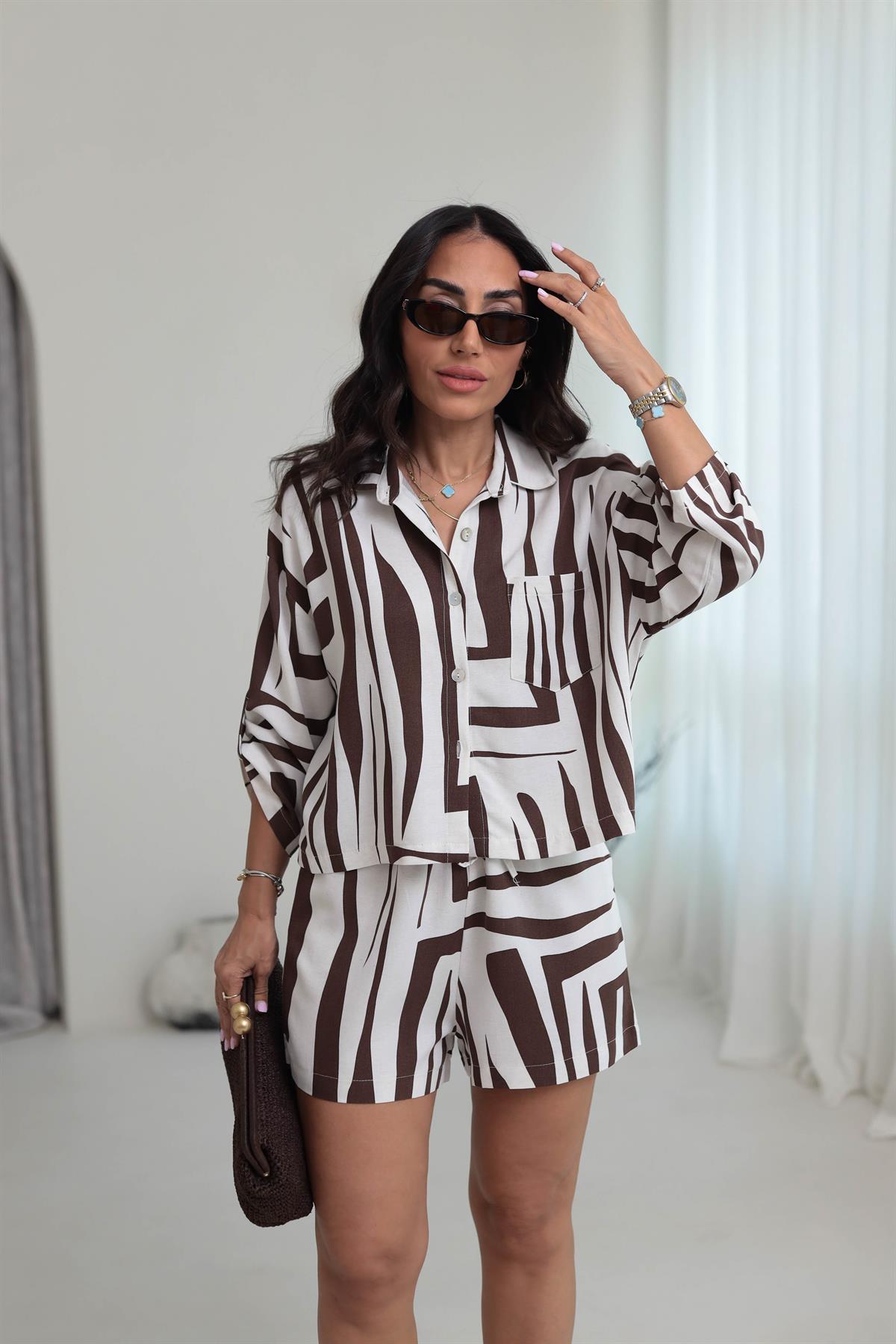 8760 Truvakar Kol Gömlek & Şort Keten Takım KAHVE