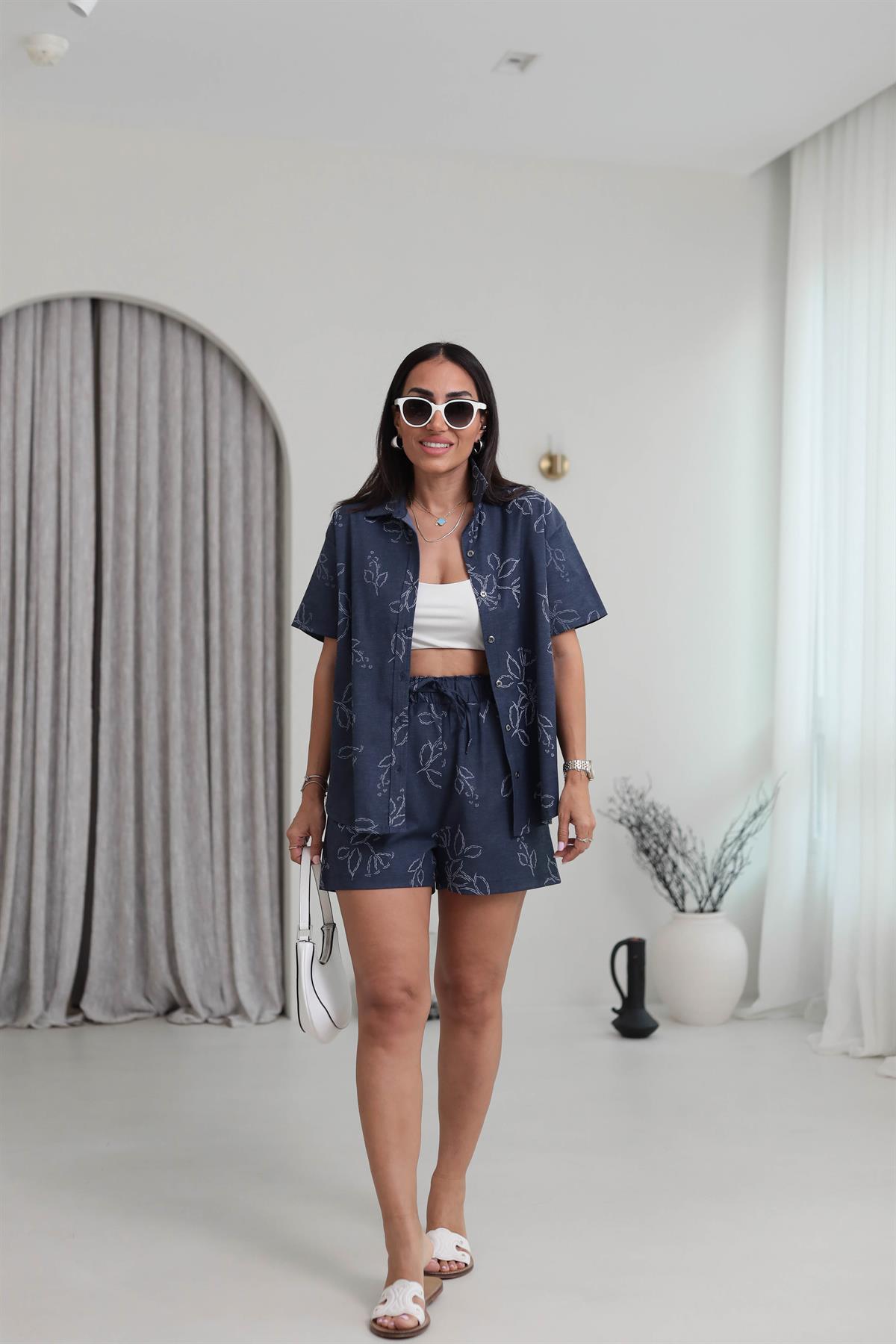 8758 Desenli Oversize Gömlek & Şort Takım LACİVERT