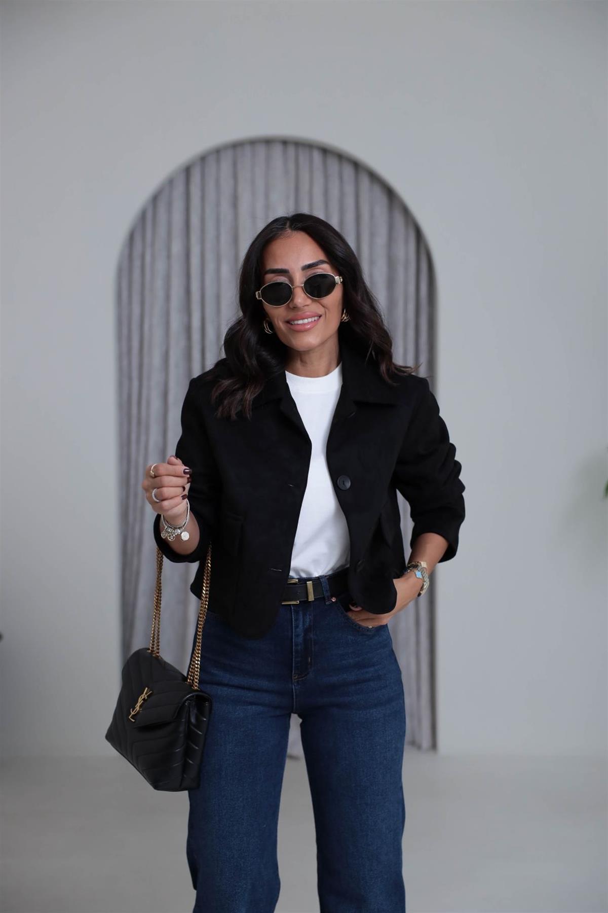 0208  Cep Detaylı Kısa Süet Ceket SİYAH