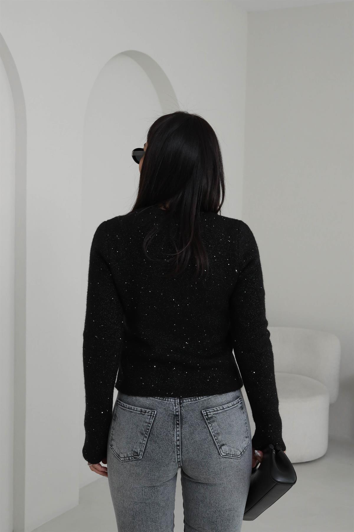 0935 Bisiklet Yaka Pullu Simli Düğmeli Triko Hırka SİYAH