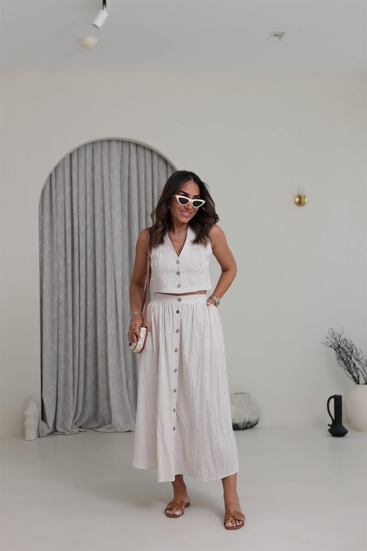 0484 Düğmeli Crop Yelek Etek Çizgili Takım BEJ