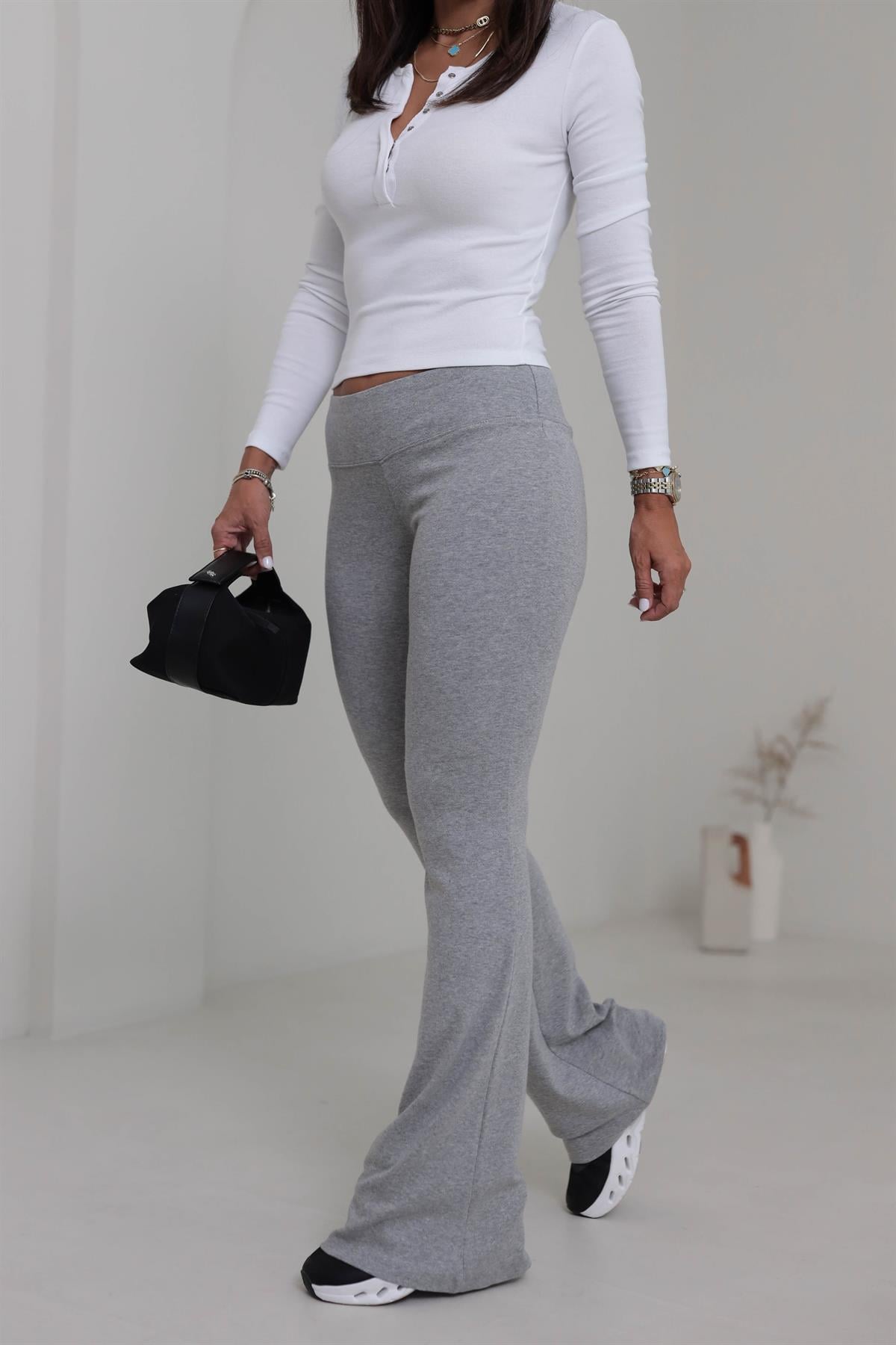 7064 Geniş Kemerli İspanyol Paça Flare Pantolon GRİ