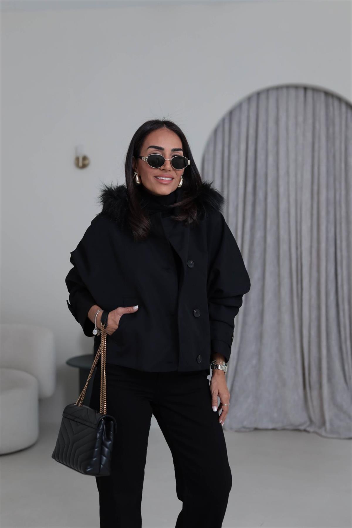 6856 Kürk Kapşonlu Parka SİYAH