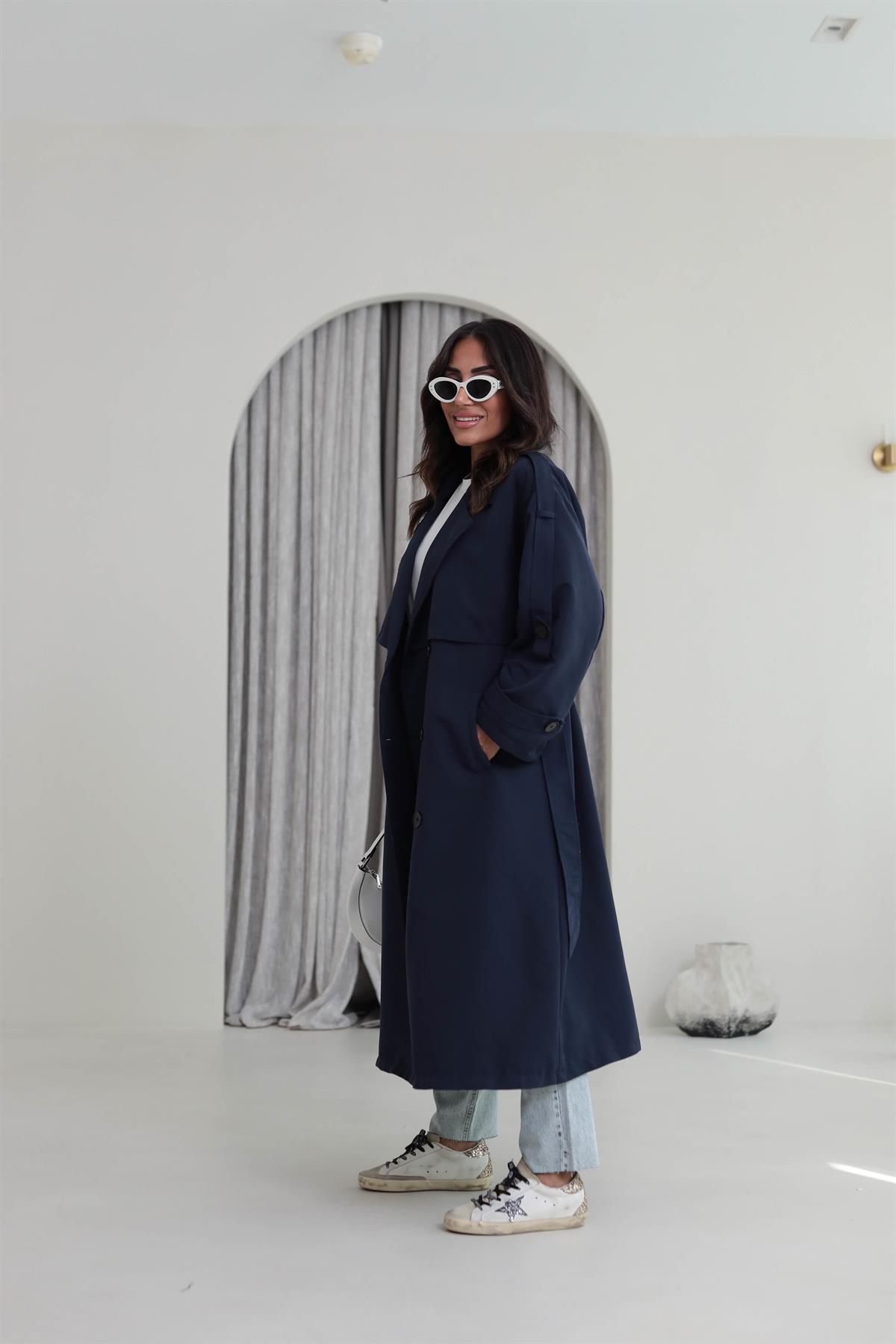 2020 Apoletli Kuşaklı Uzun Trençkot LACİVERT