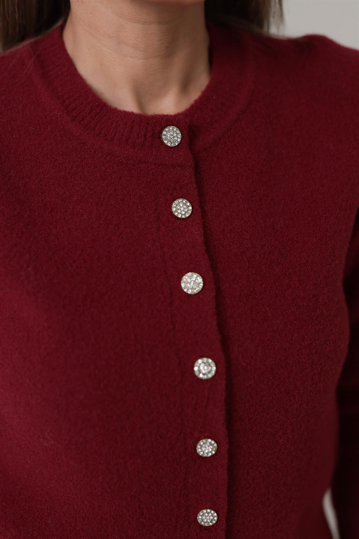 2436 Bisiklet Yaka Taş Düğmeli Yumoş Hırka BORDO