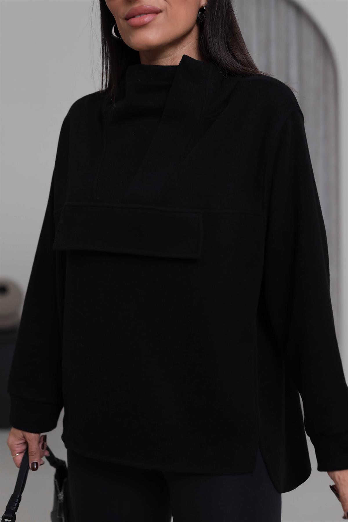 1750 Yaka Detay Selanik Kapşonlu Sweatshirt SİYAH