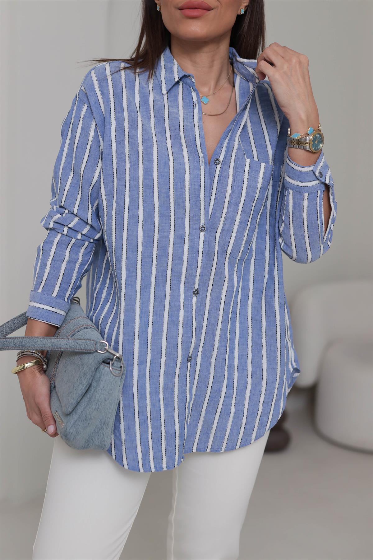 4373 Cep Detaylı Çizgili Keten Gömlek MAVİBEYAZ