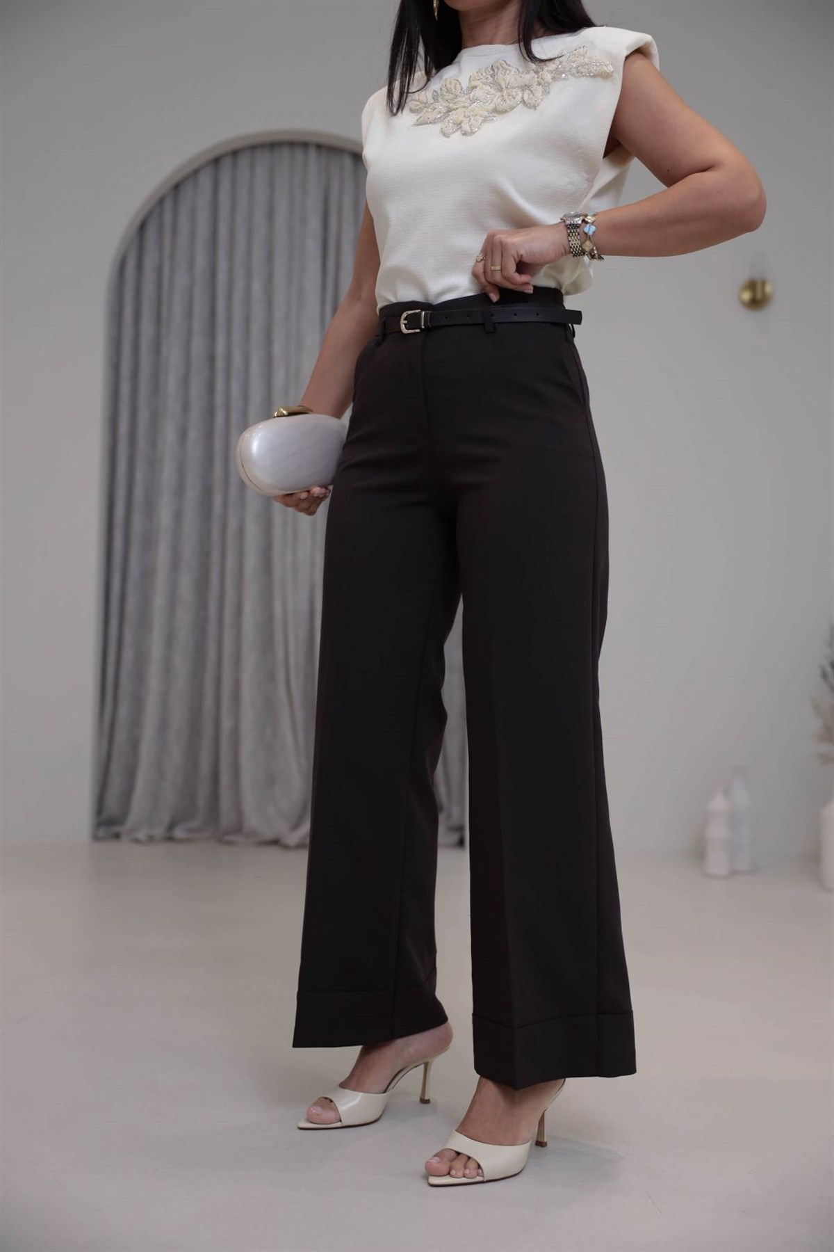 7050 Kemerli Paçası Dikiş Detay Palazzo Pantolon ACI KAHVE