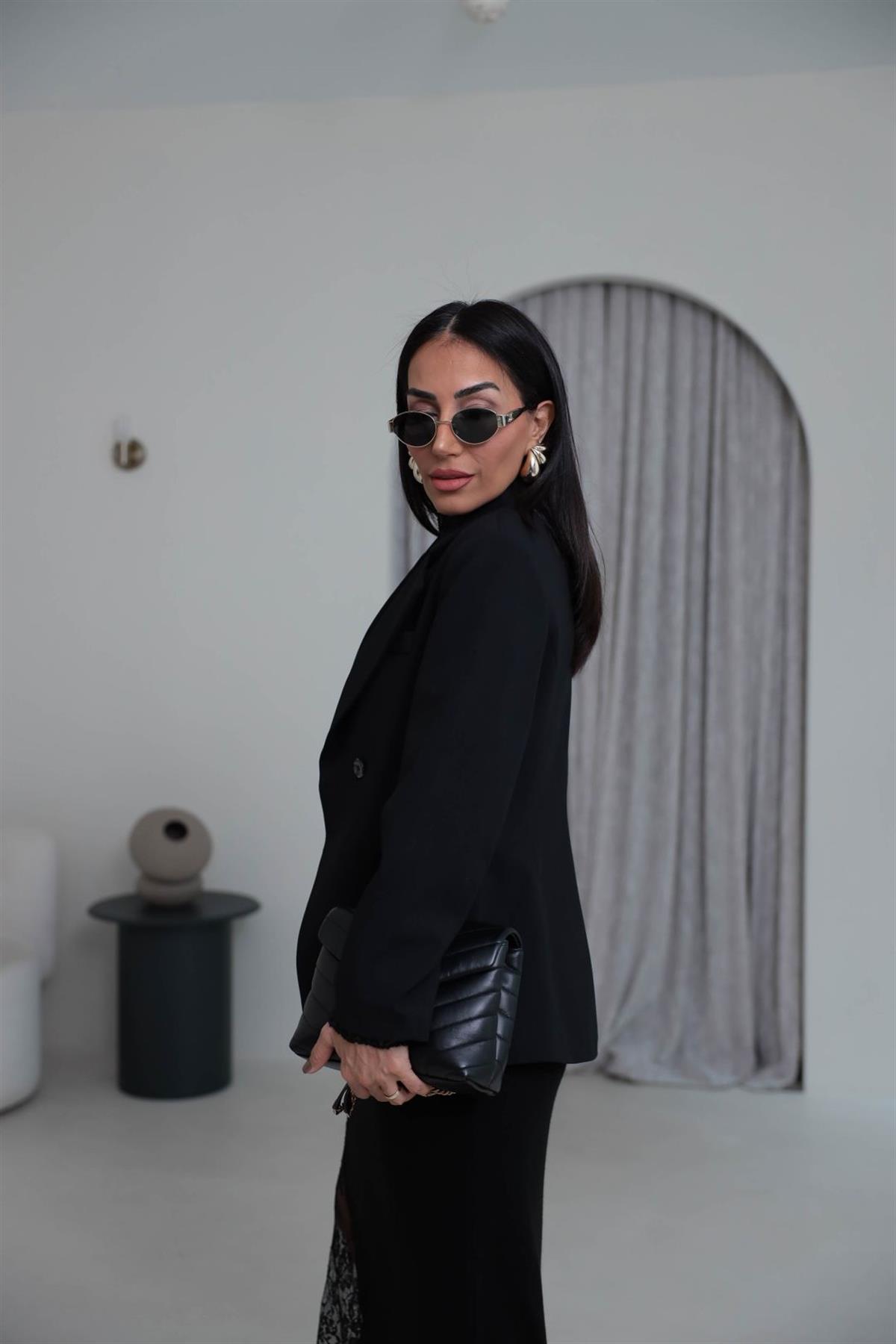 7685 Kruvaze Belden Oturtmalı Blazer Ceket SİYAH