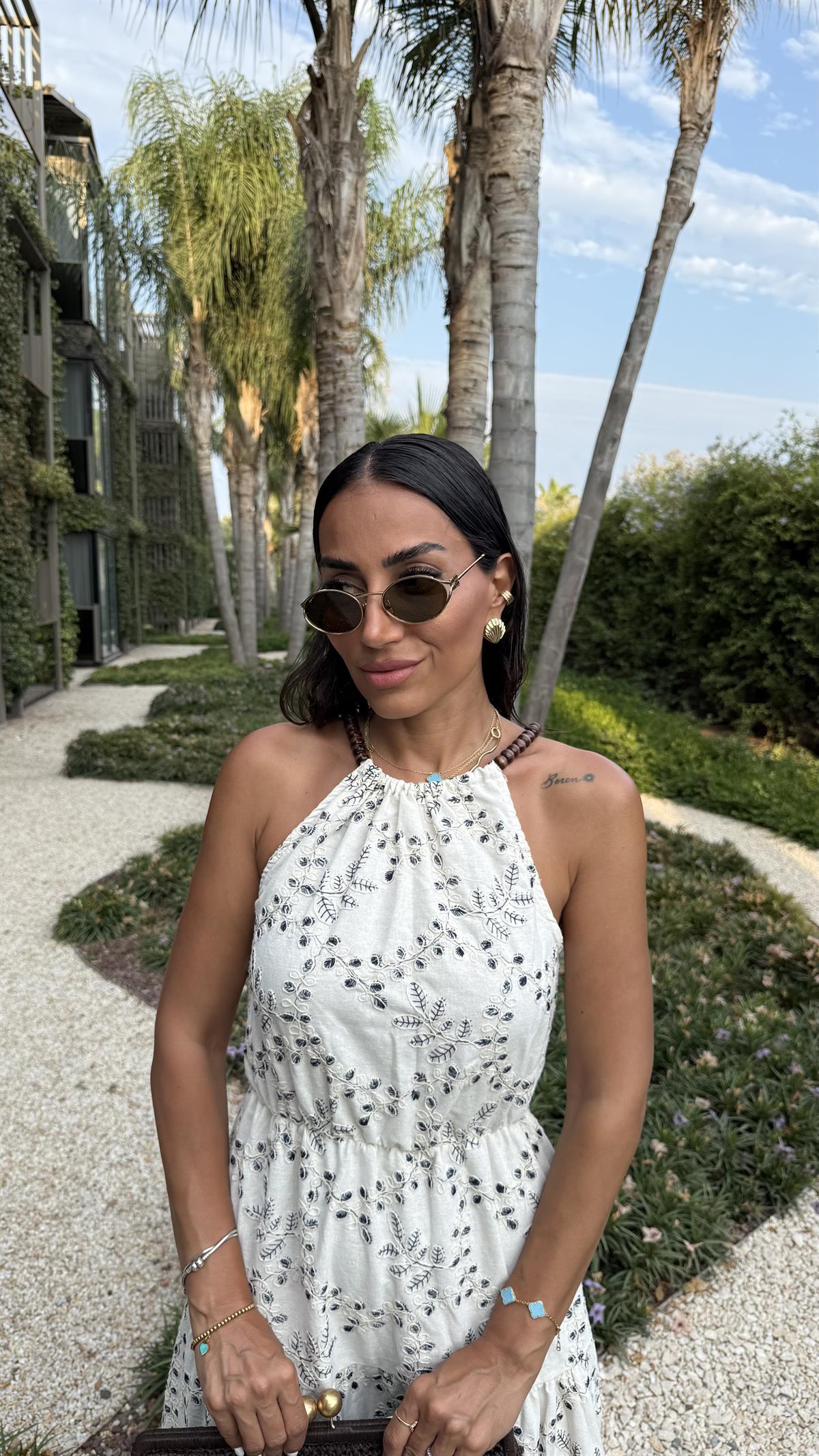 7487 Kendinden Nakışlı Boncuk Detaylı Keten Elbise NATURAL