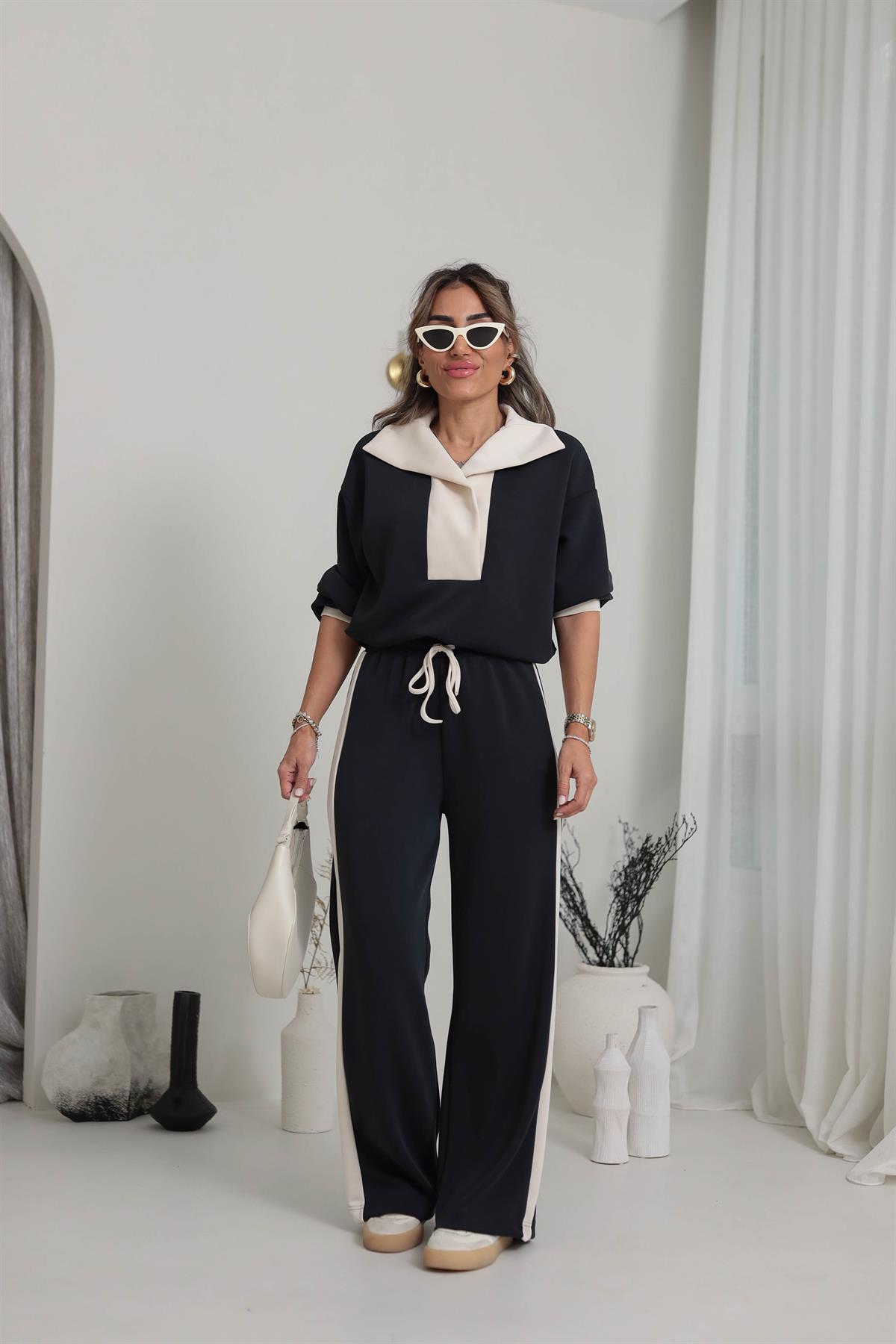 1665 Büzgü ve Şerit Detaylı Modal Eşofman Takımı SİYAH