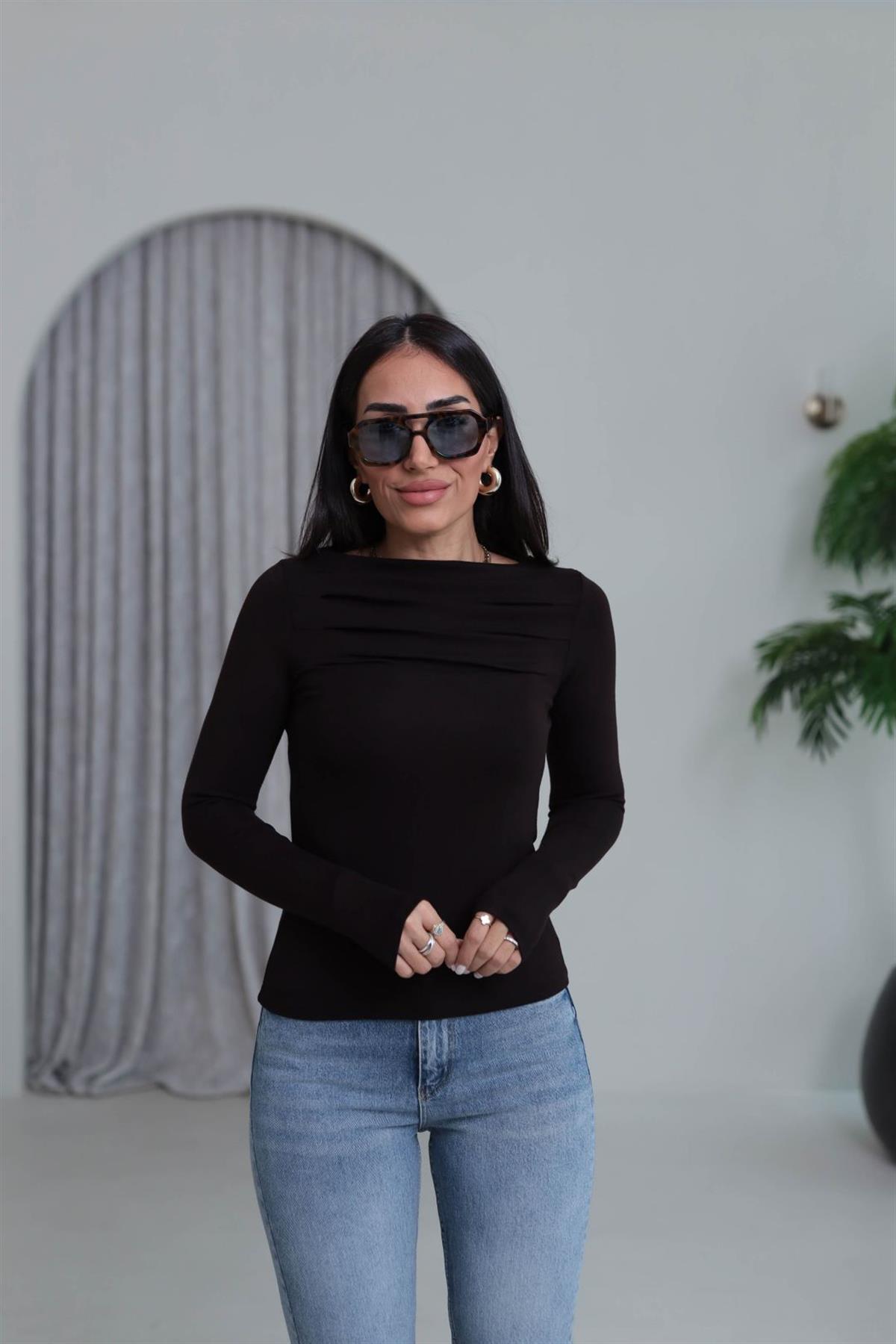 6504 Önü Pileli Viskon Bluz KAHVE