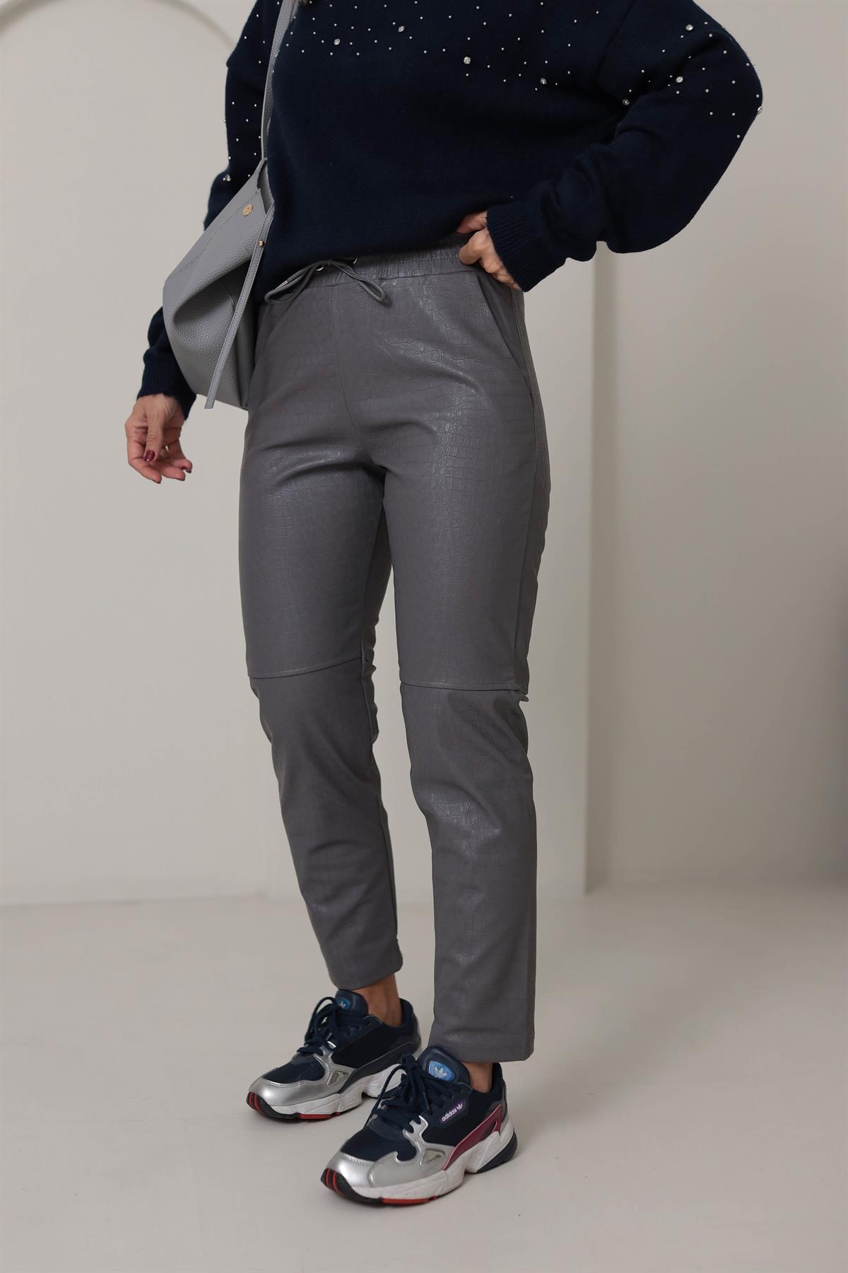 3410 Krokodil Parçalı Deri Pantolon