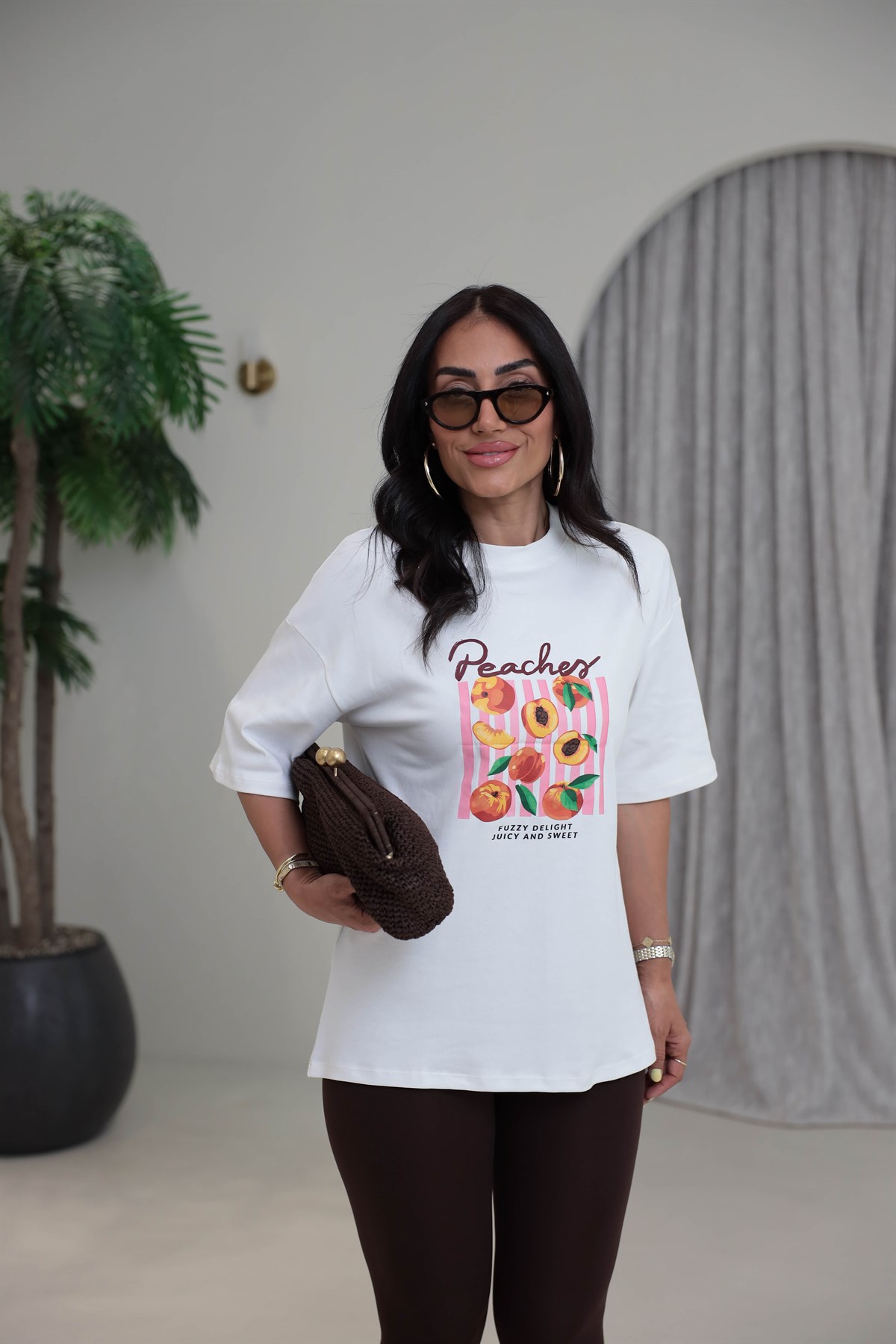 2026 Peaches Şeftali Baskılı Oversize Pamuklu Tshirt EKRU
