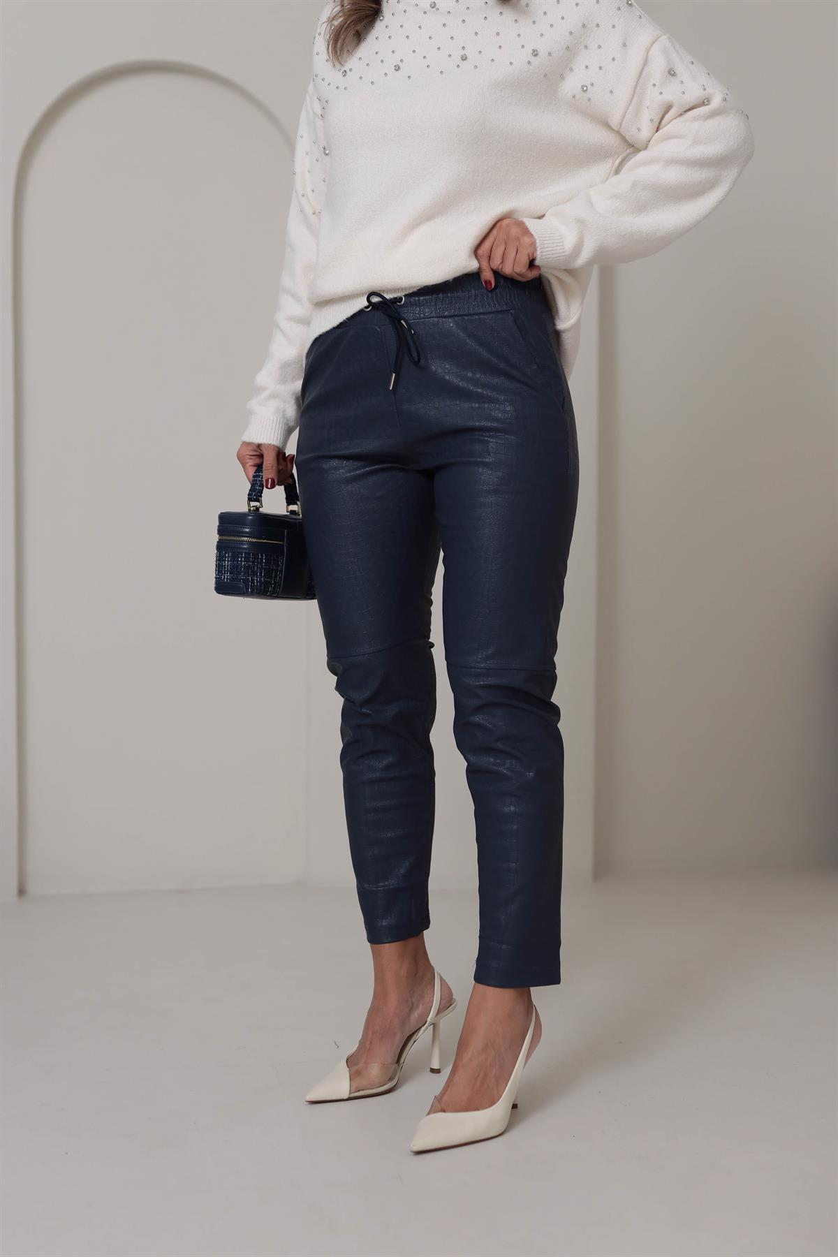 3410 Krokodil Parçalı Deri Pantolon