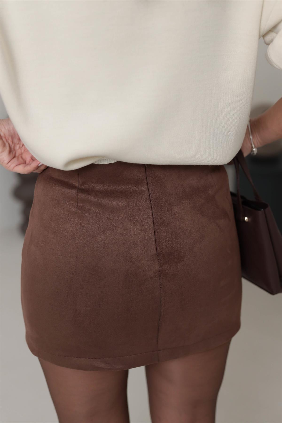 9007 Suet Kısa Etek KAHVE