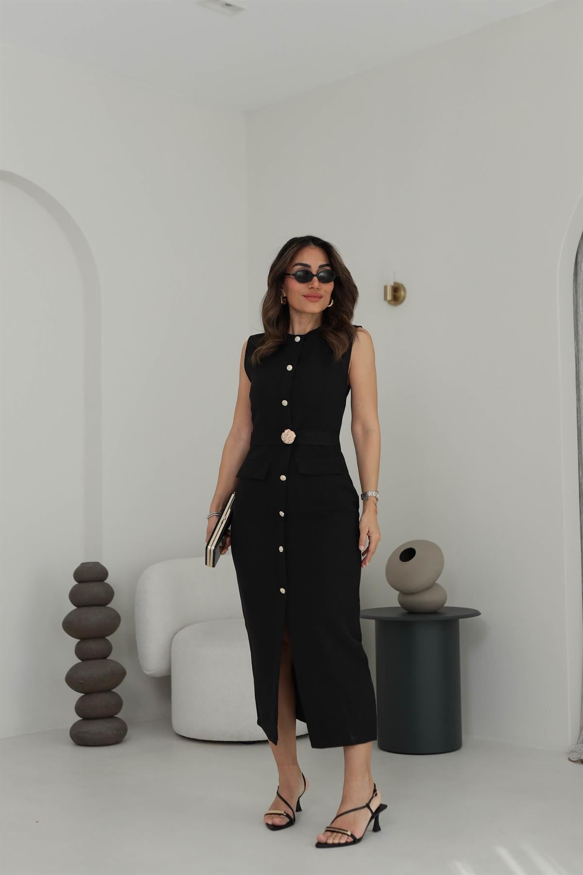 0298 Sıfır Kol Broş Kemerli Cep Detaylı  Elbise SİYAH