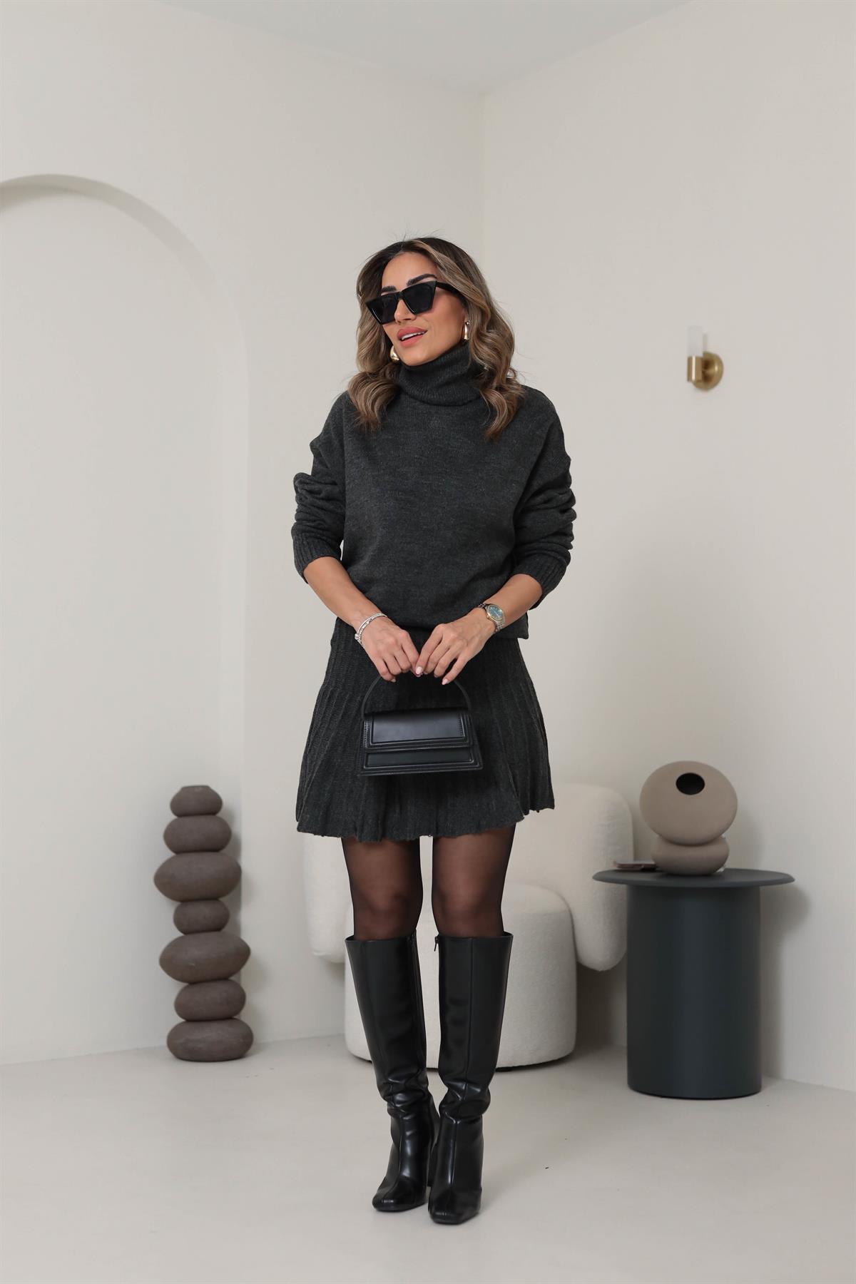 0919 Balıkçı Yaka Etekli Takım ANTRASİT