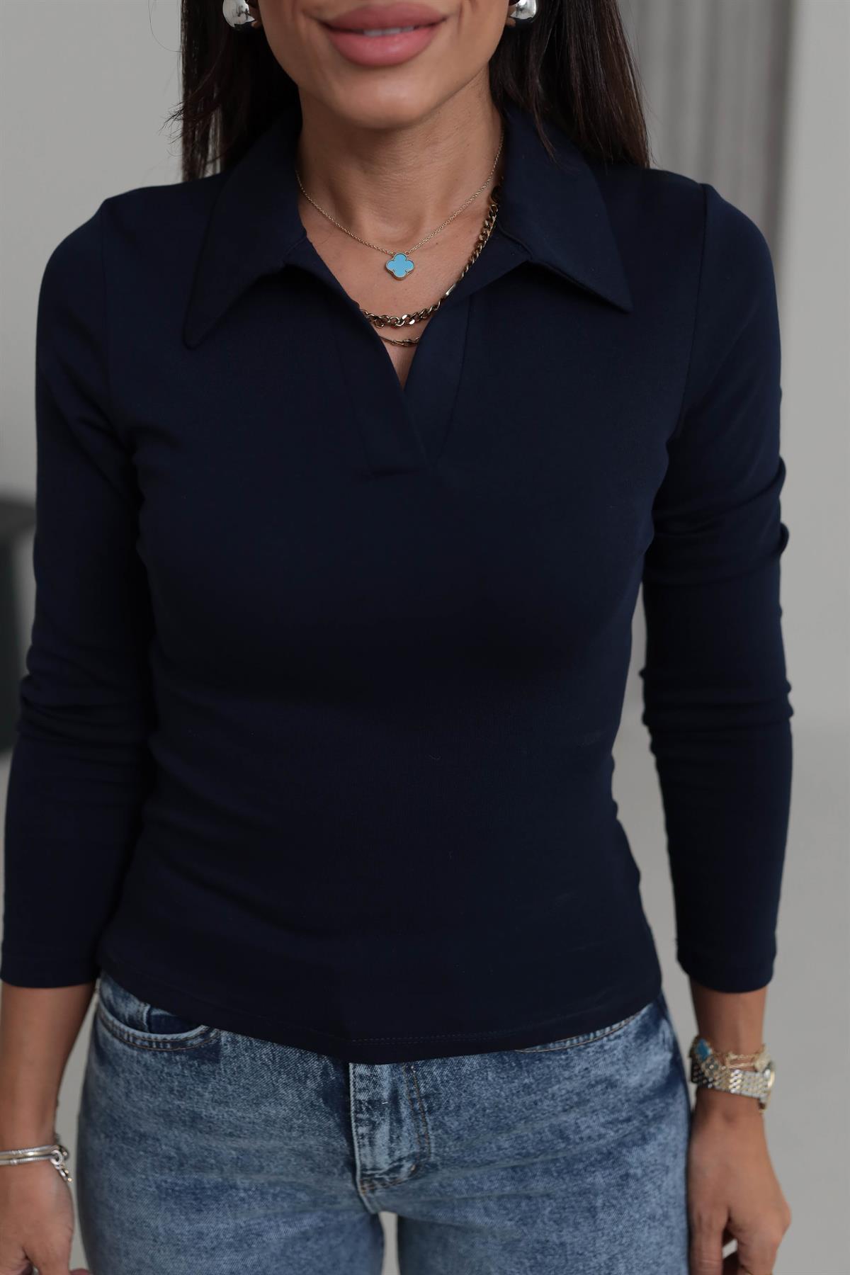 0626 Polo Yaka Uzun Kol Likralı Bluz LACİVERT
