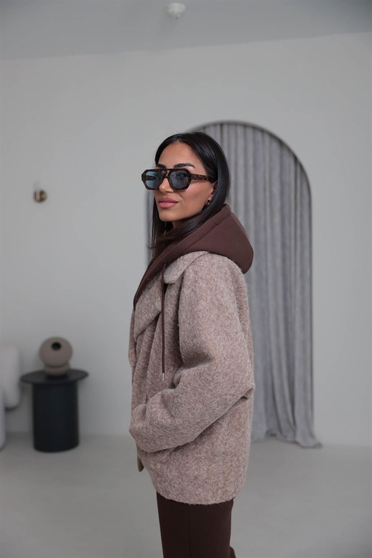 9690 Kapşon Detaylı Buklet Kaban VİZON-KAHVE