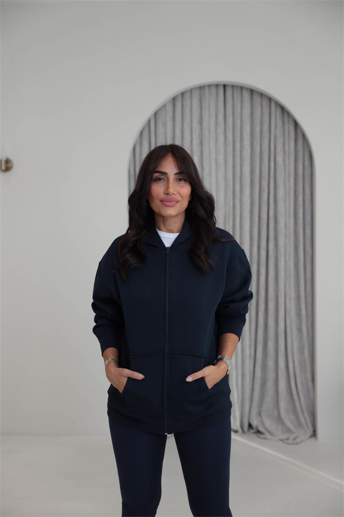 042 Fermuarlı Kapşonlu Sweatshirt LACİVERT
