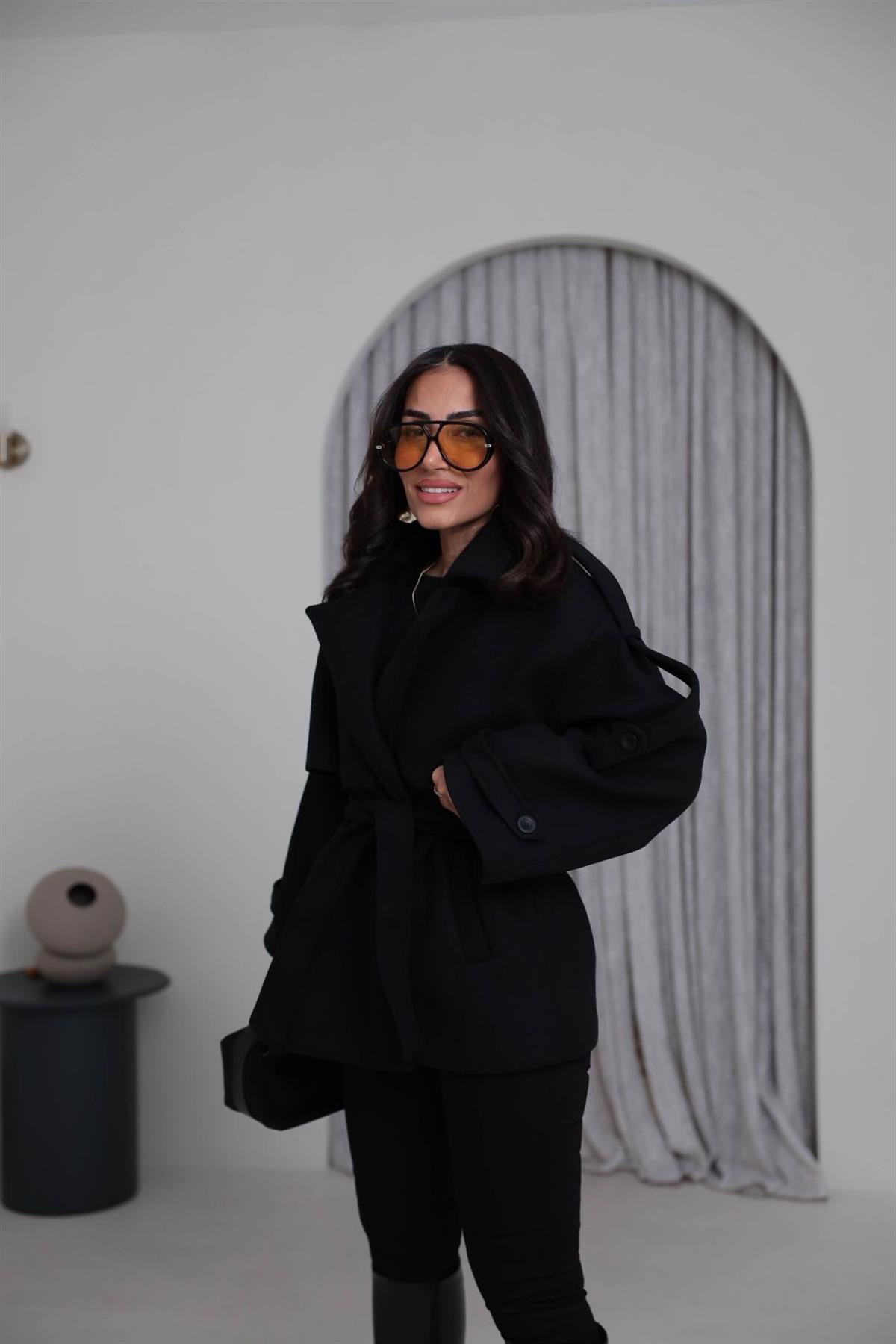 9669 Kuşaklı Oversize Premium Kaşe Ceket SİYAH