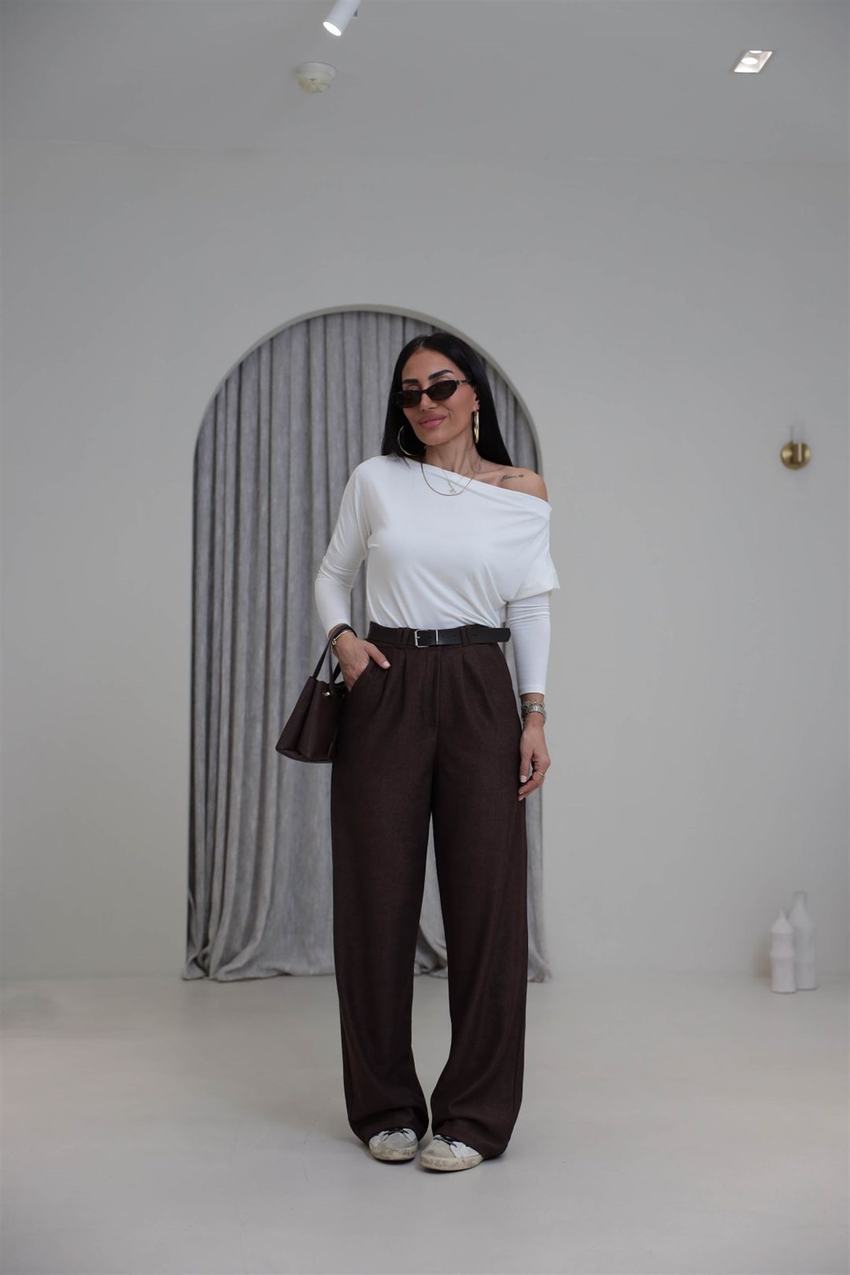 3290 Kemerli Fitilli Kumaş Palazzo Pantolon ACI KAHVE
