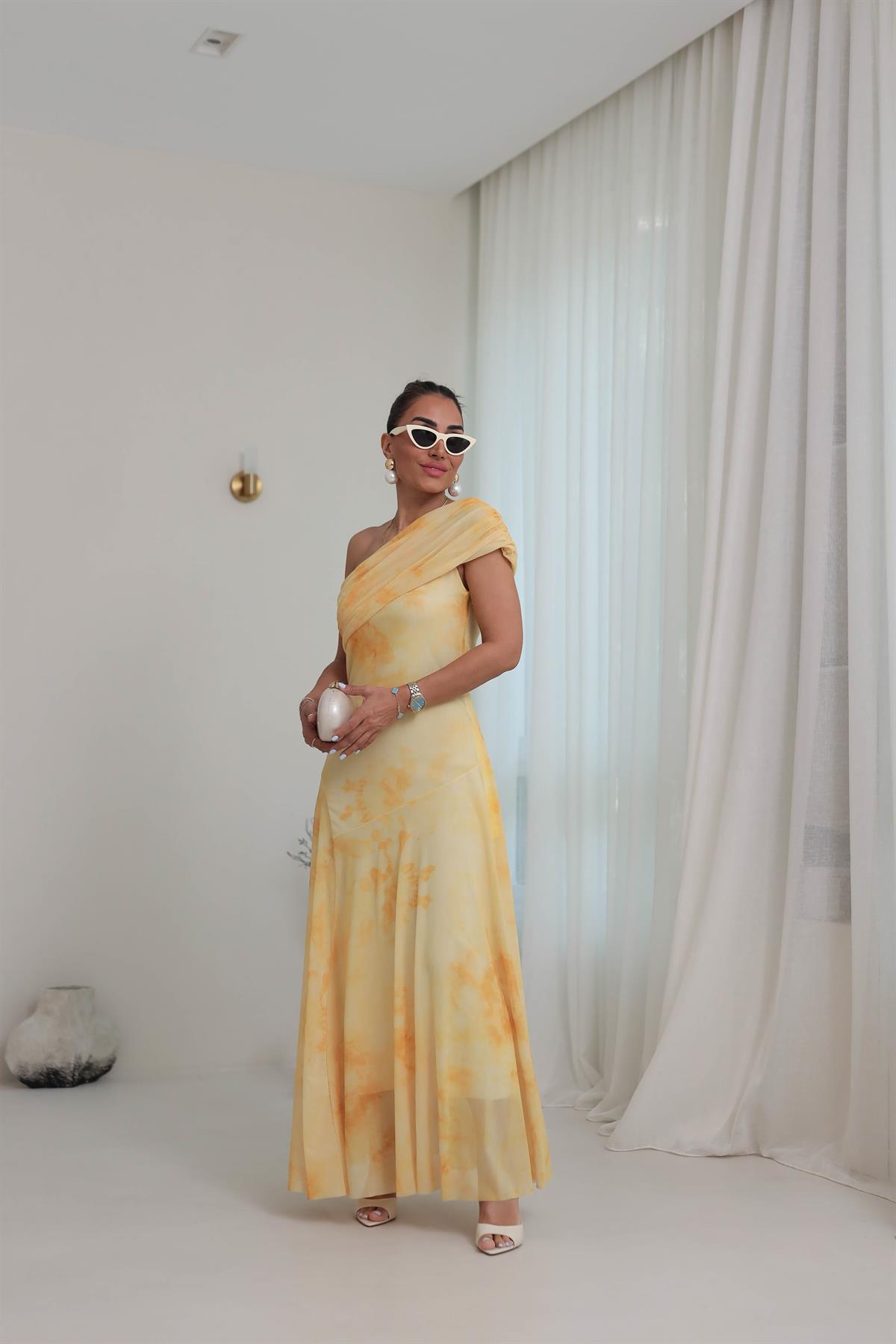 5177 Tek Omuz Drape Detaylı Parçalı Tül Elbise SARI