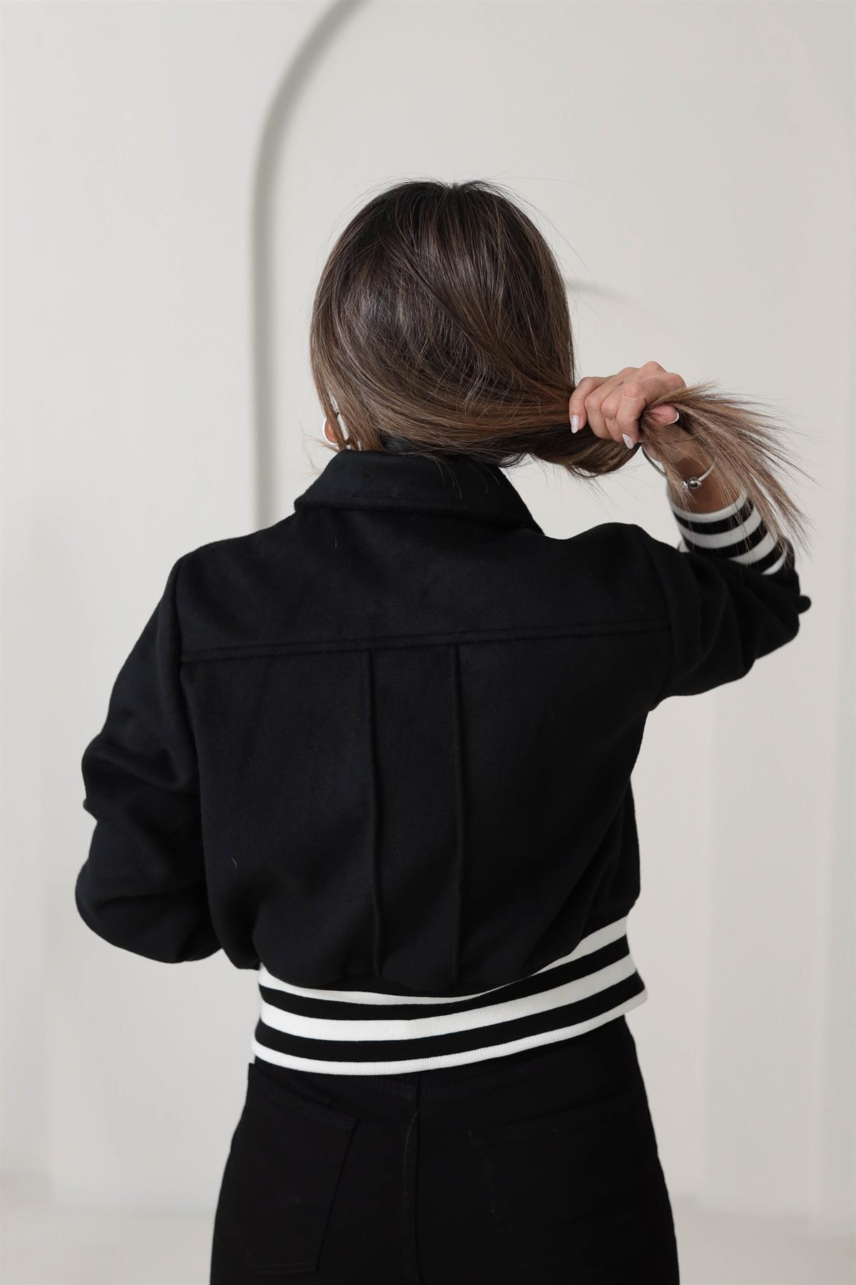 3615 Siyah Beyaz Ribanalı Kaşe Bomber SİYAH