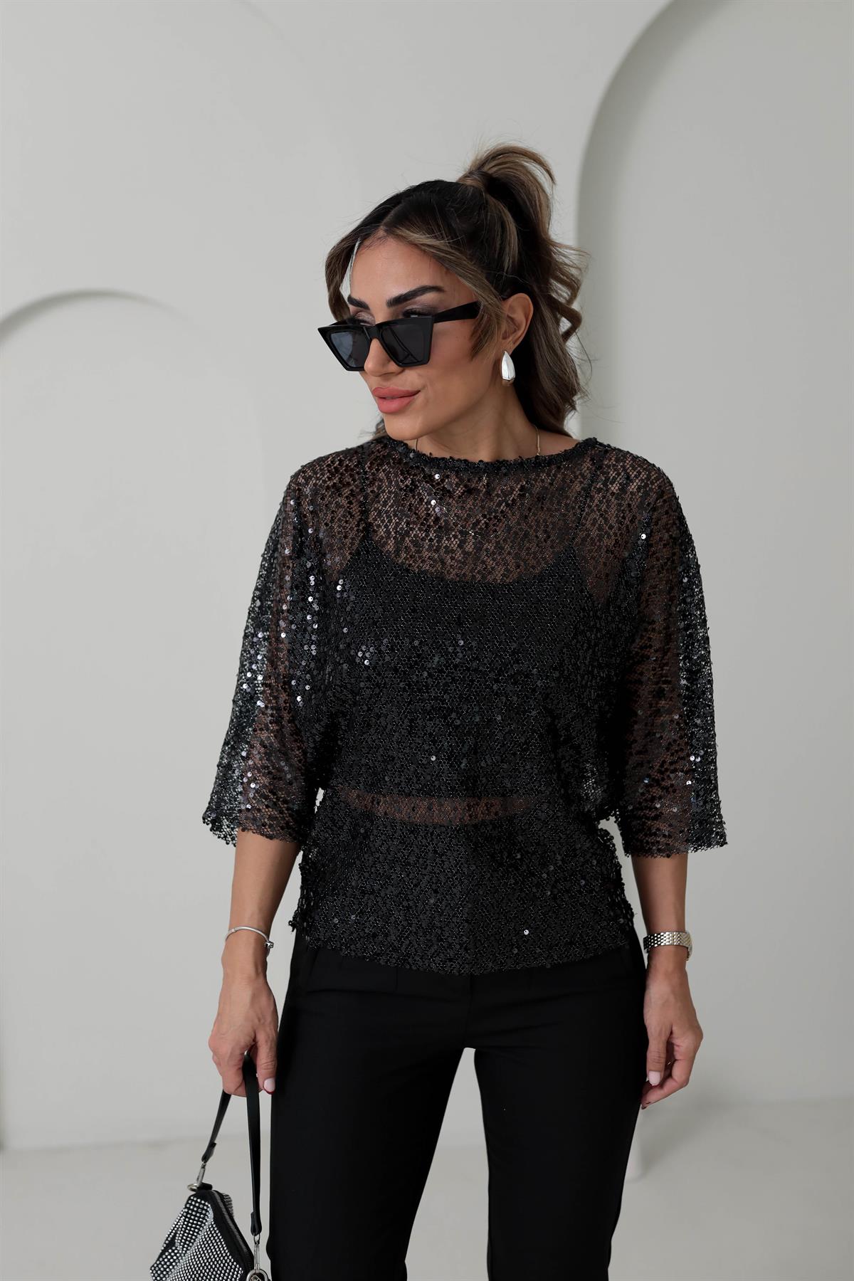 9380 Yarasa Kol Pul Payetli Bluz SİYAH
