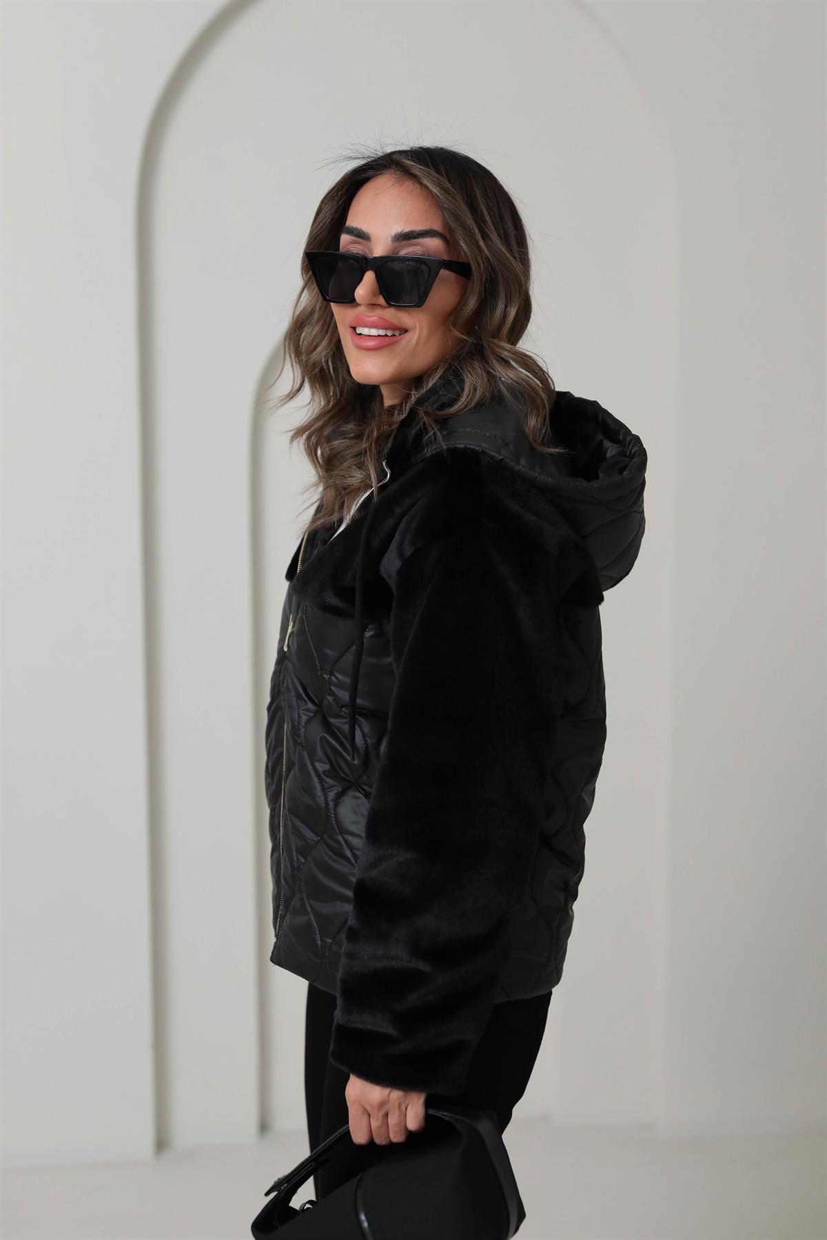 M09 Kürk Garnili Kapşonlu Kapitone Mont SİYAH