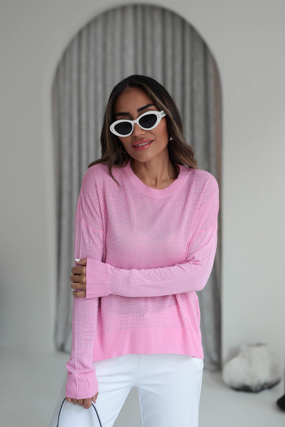 7010 Taşlı Merserize Triko Bluz PEMBE