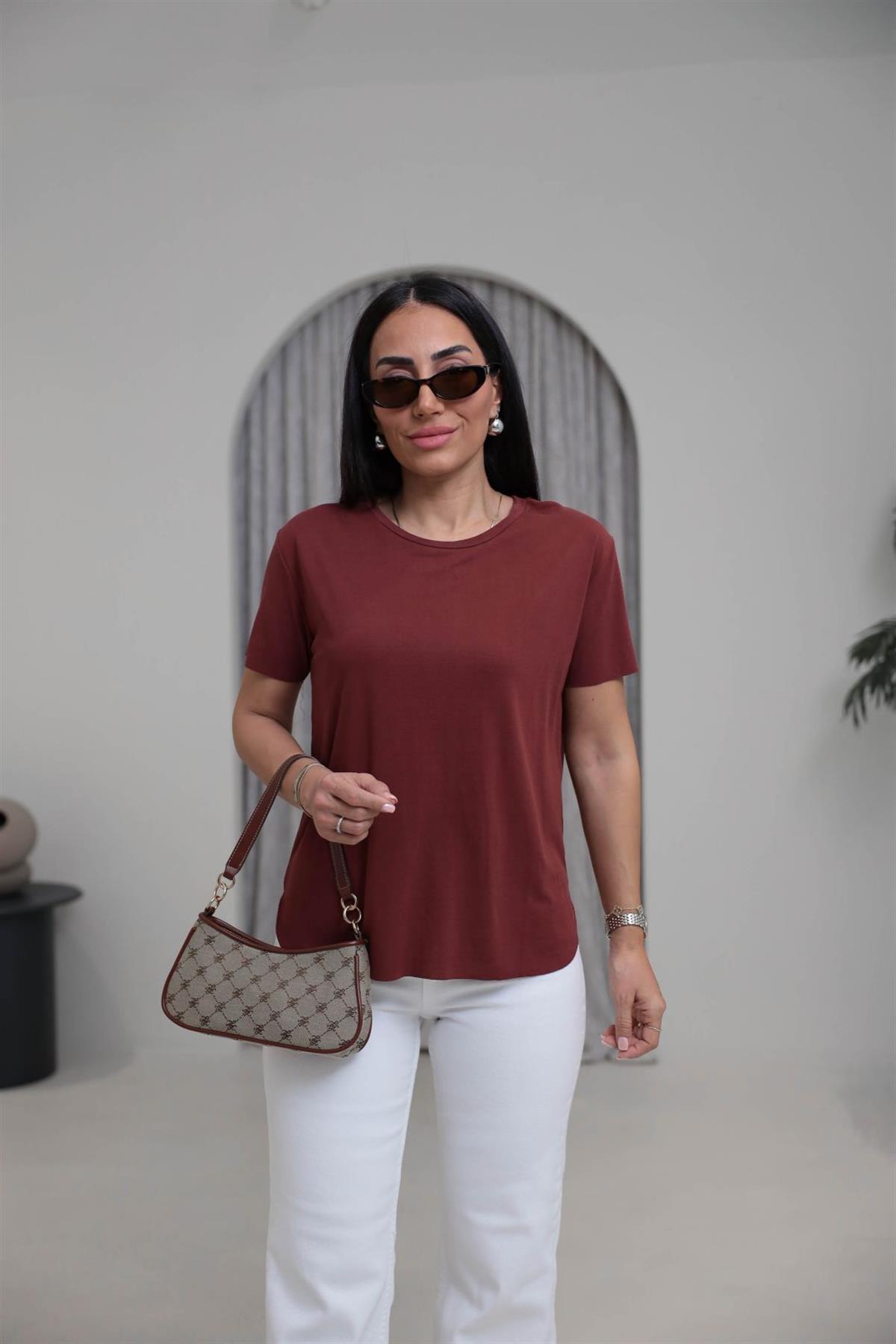 1020 Oys Lazer Kesikli Modal Tshirt KİREMİT