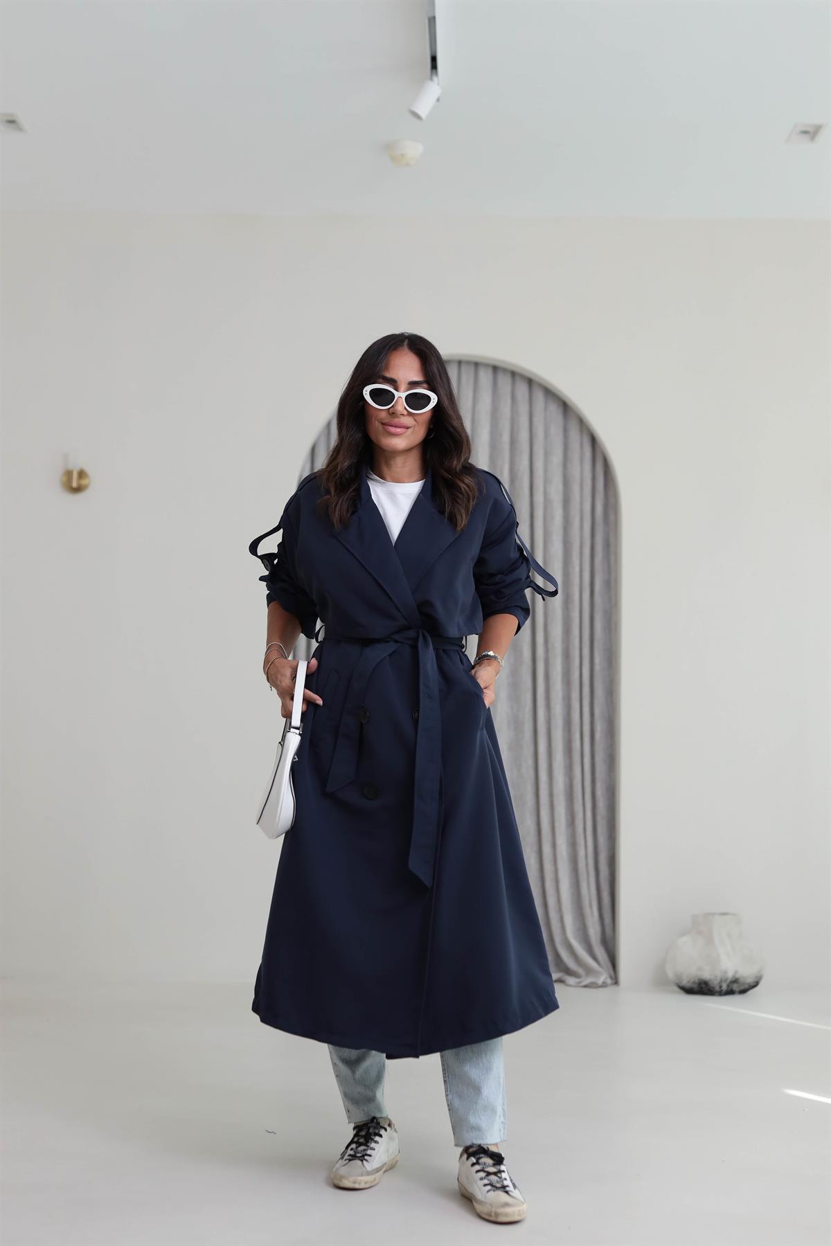 2020 Apoletli Kuşaklı Uzun Trençkot LACİVERT