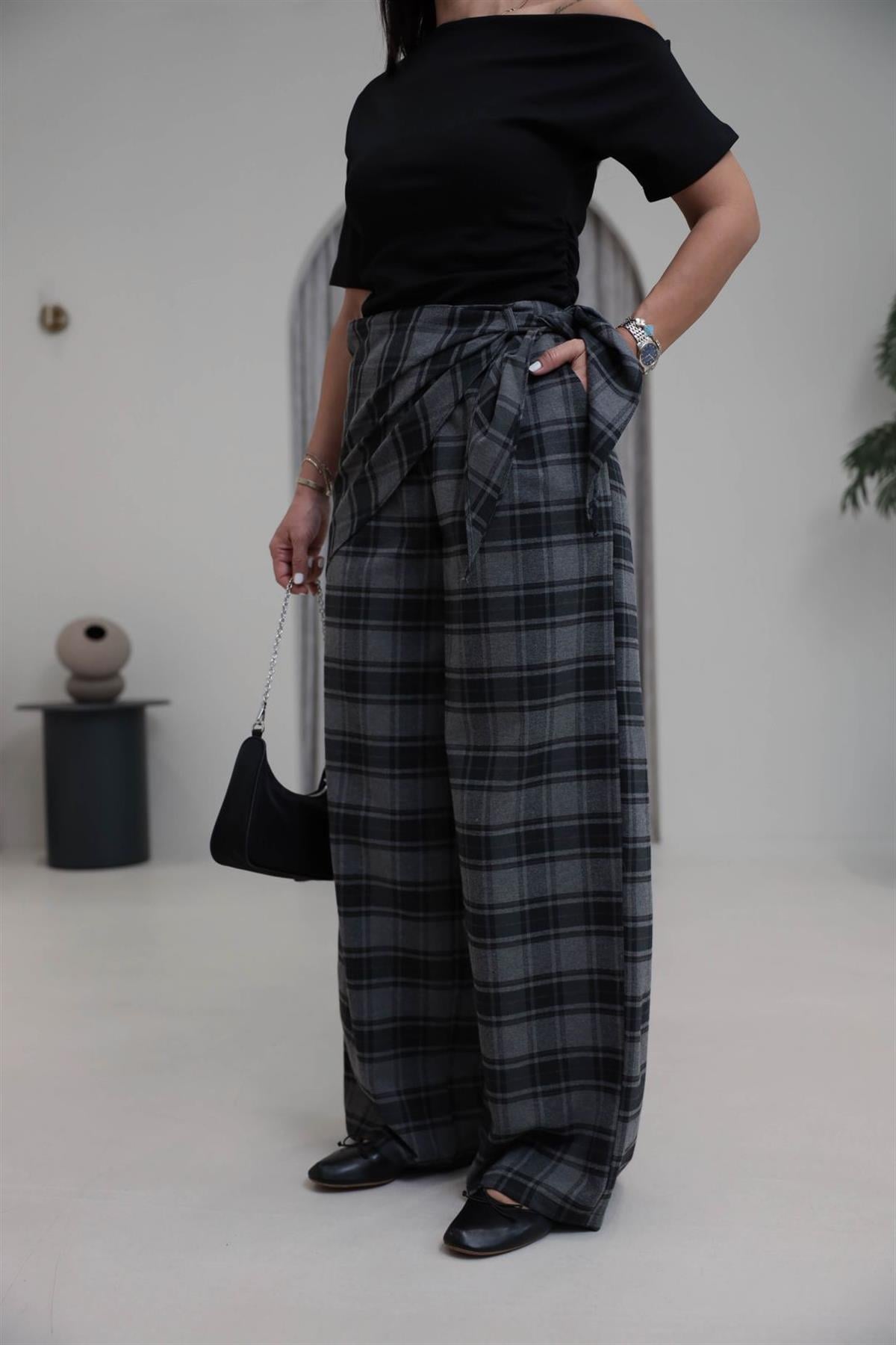 1508 Arka Bel Lastikli Bağlama Detaylı Ekose Pantolon ANTRASİT