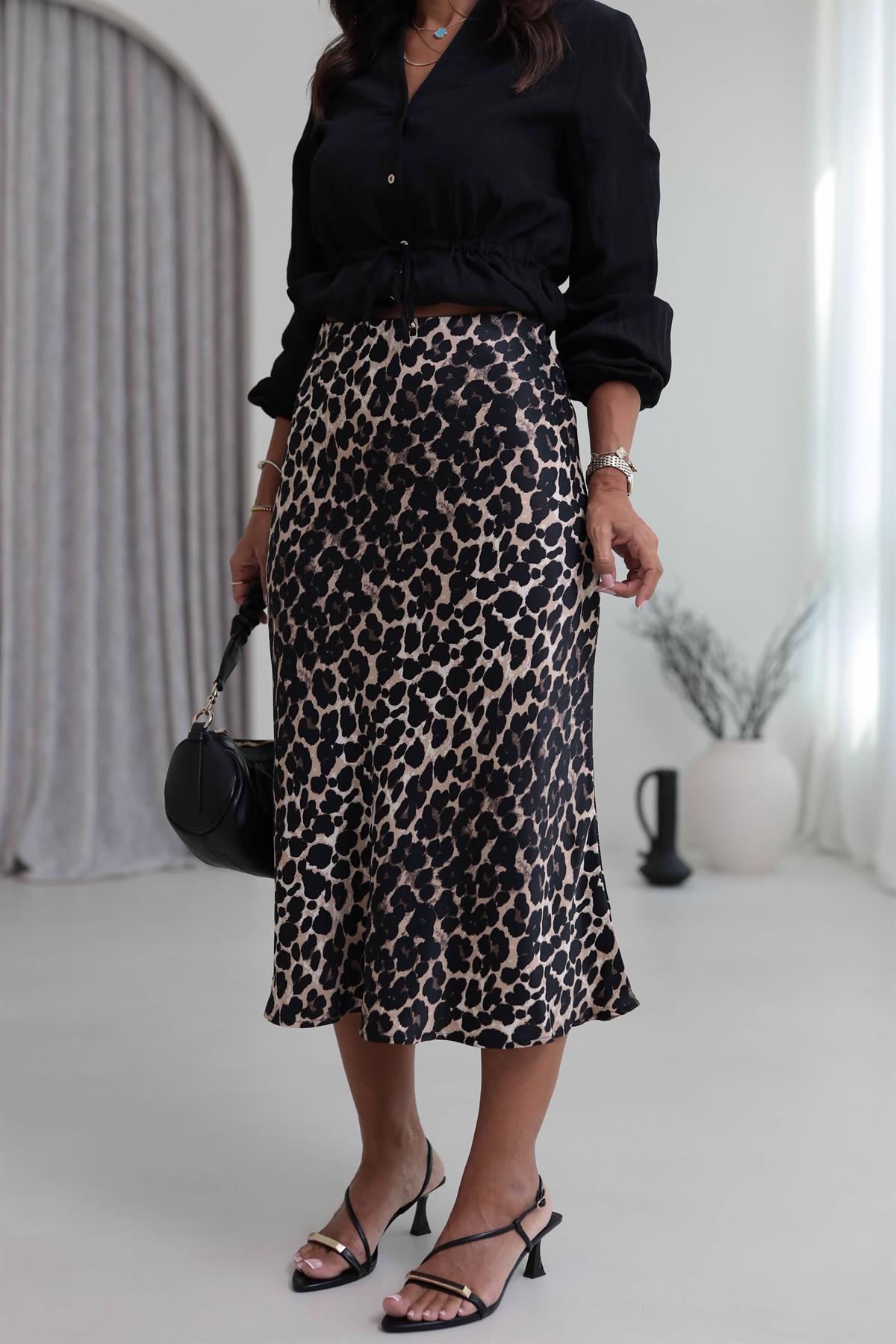 6617 Saten Kumaş Leopar Etek LEOPAR