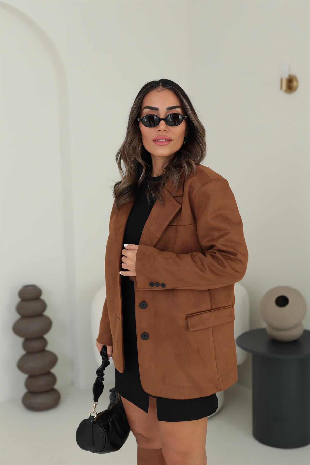 8022 Süet Kumaş Blazer Ceket TABA