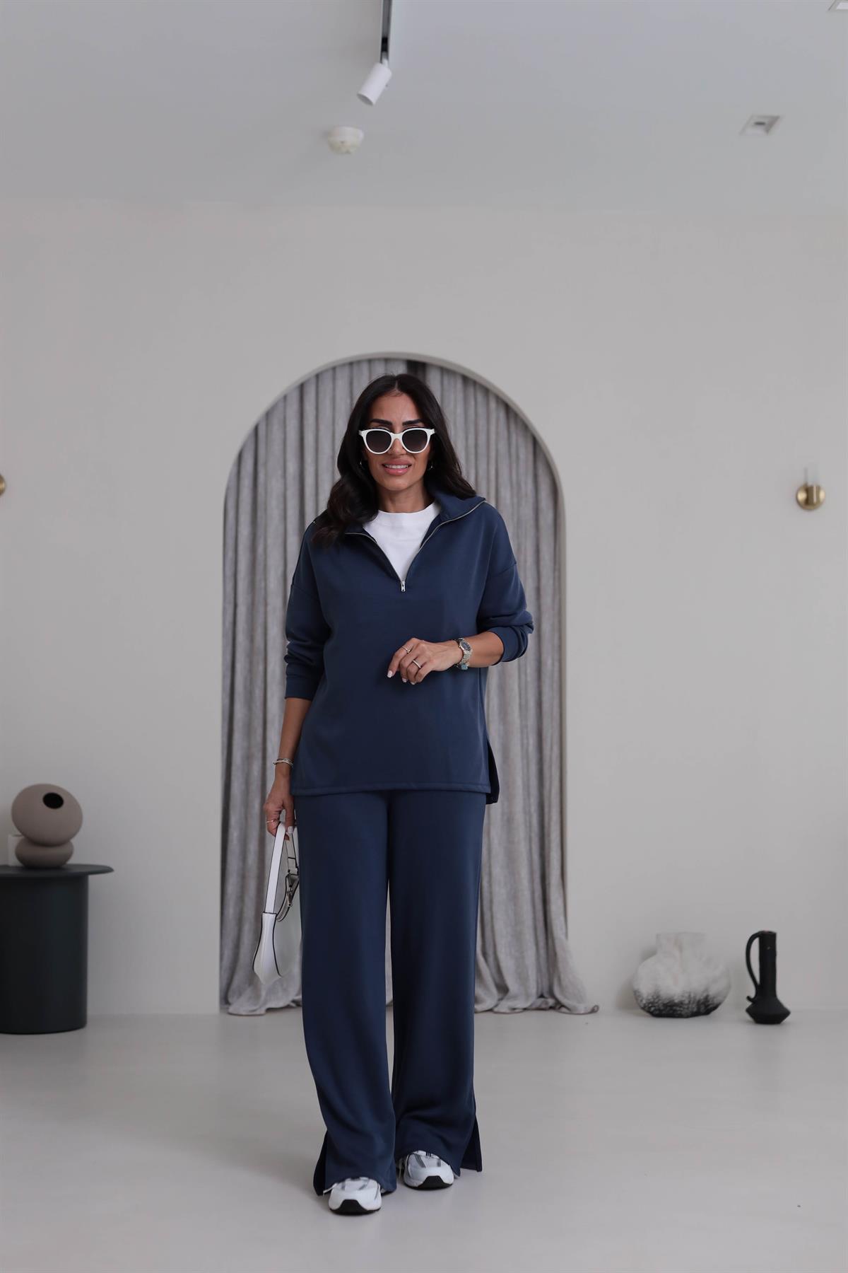 Yanları Yırtmaç Detaylı Yarım Fermuarlı Modal Takım LACİVERT