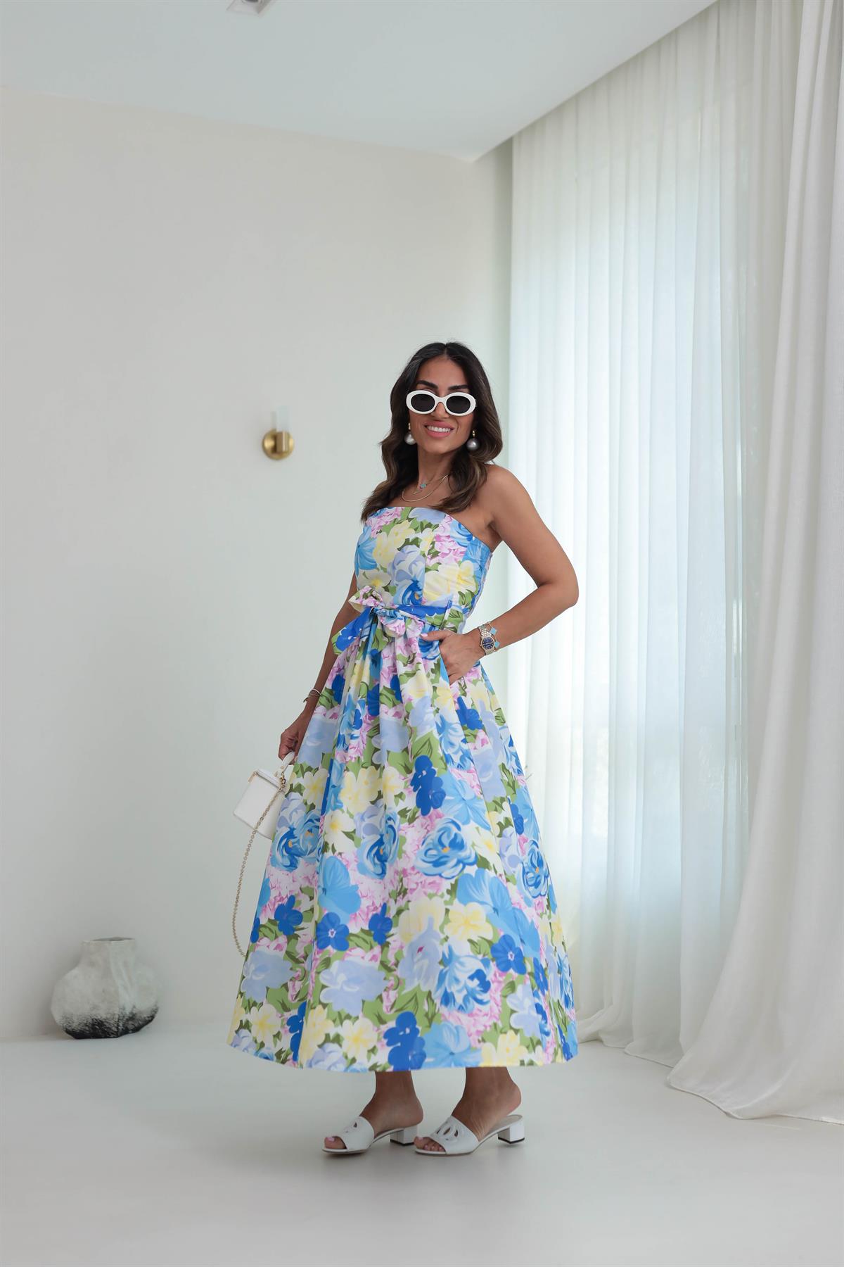 6213 Straplez Sırtı Gipeli Desenli Elbise MAVİ