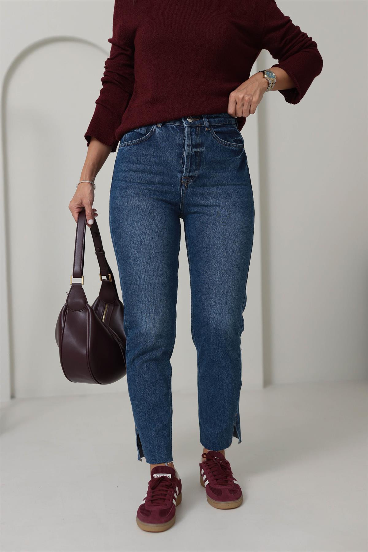 4381 Paça Yırtmaçlı Mom Fit Jean LACİVERT