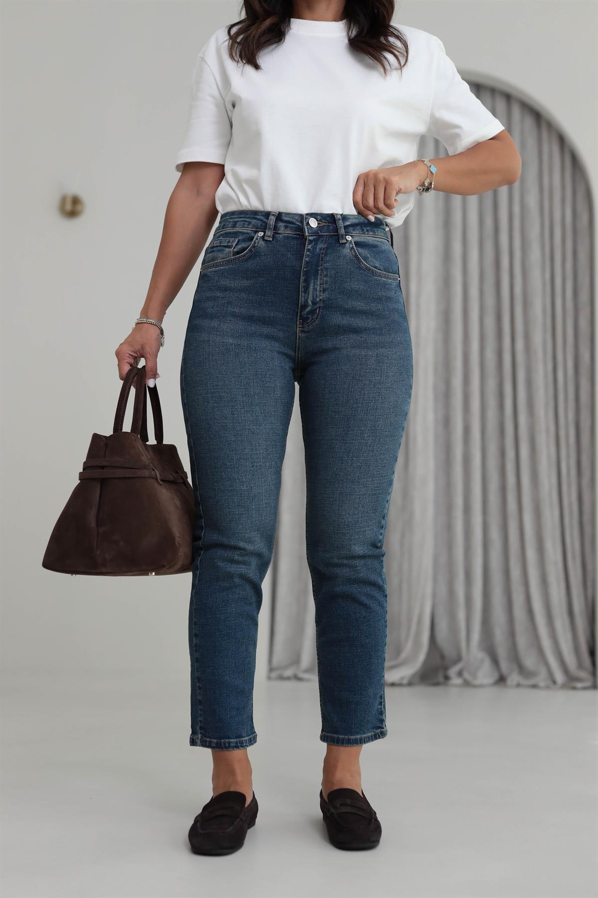 1419 ZA Likralı Mom Jean TİNTLİ MAVİ