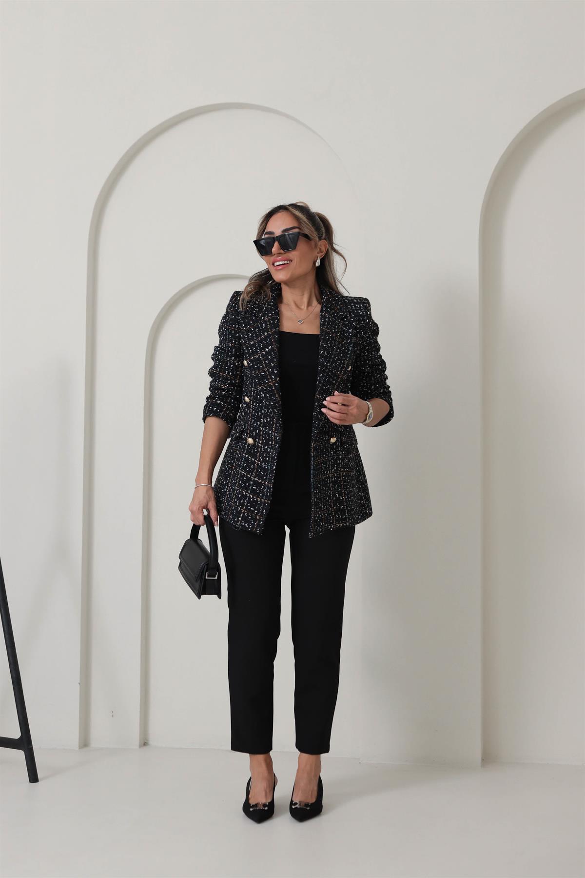 6213 Kruvaze Yaka Gold Düğmeli Tüvit Ceket SİYAH