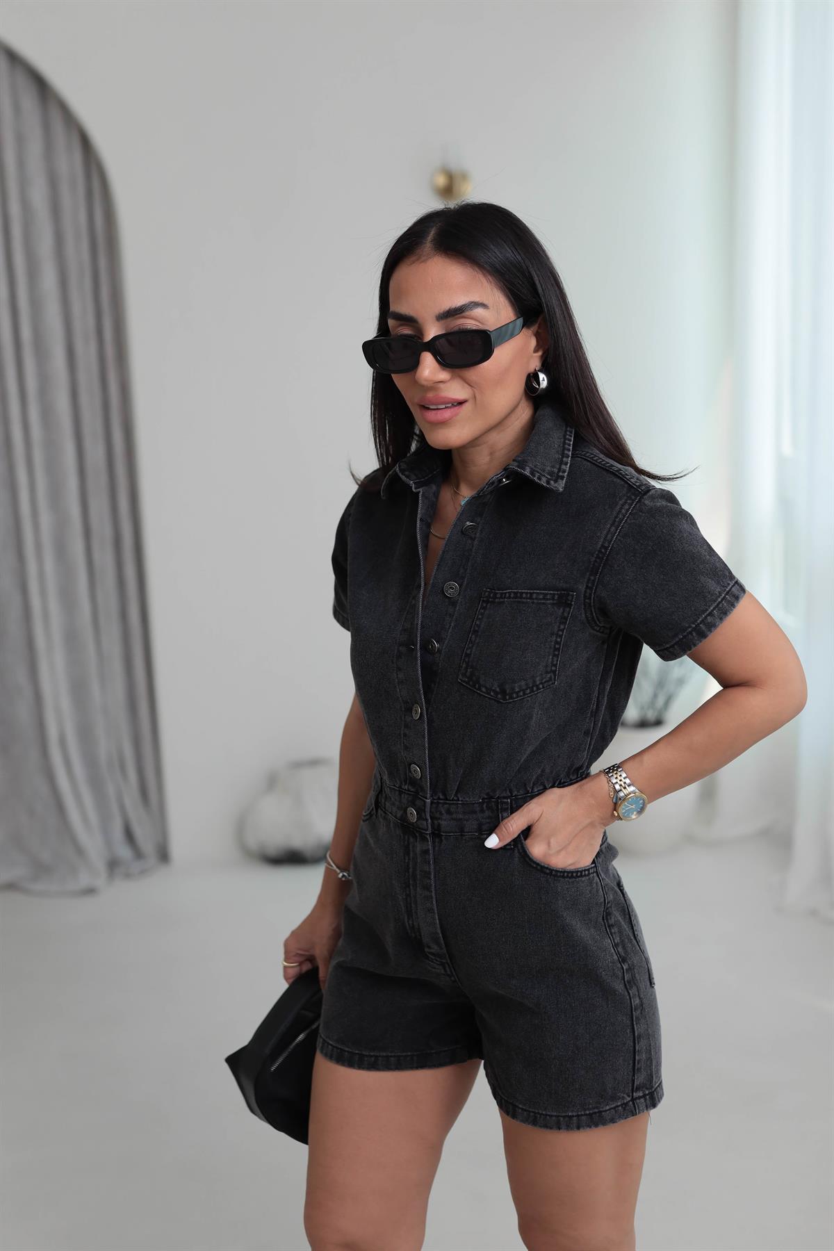 068 Kısa Kol Cep Detaylı Jean Tulum SİYAH