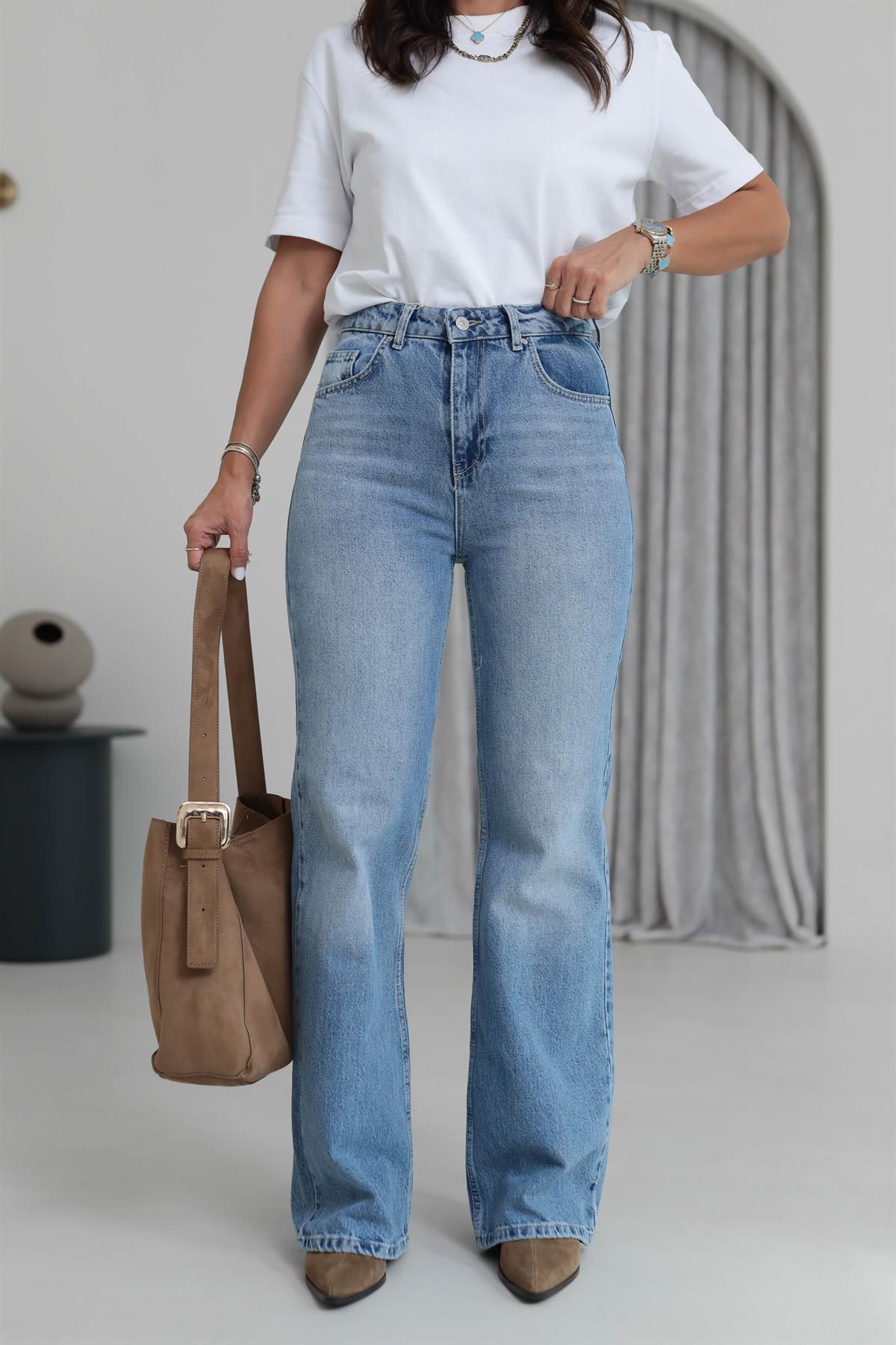 2048 Yüksek Bel Kırıklı Kumaş Wide Leg Jean AÇIK MAVİ