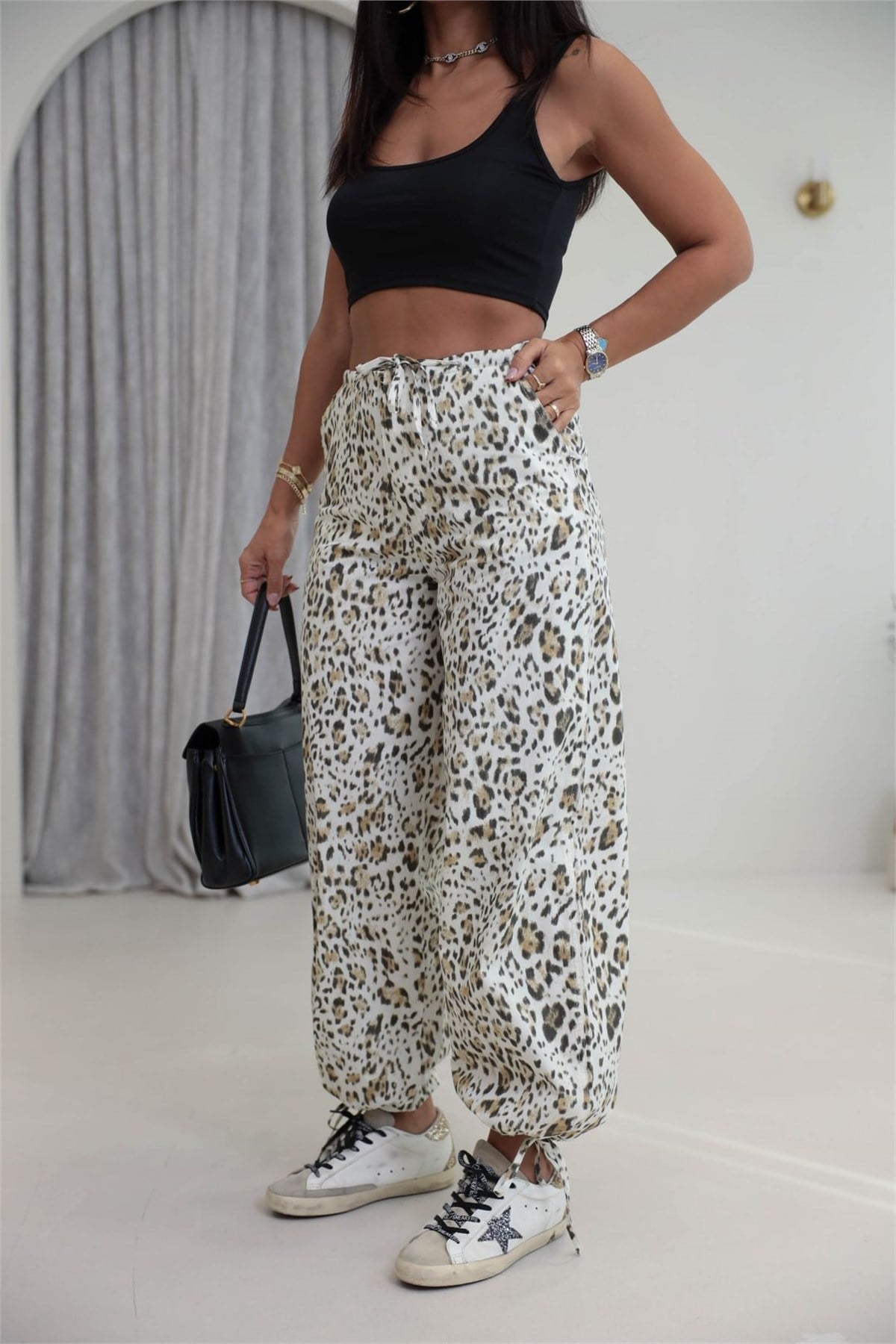 9144 Bel Ve Paça Bağıcıklı Leopar Desen Pantolon LEOPAR